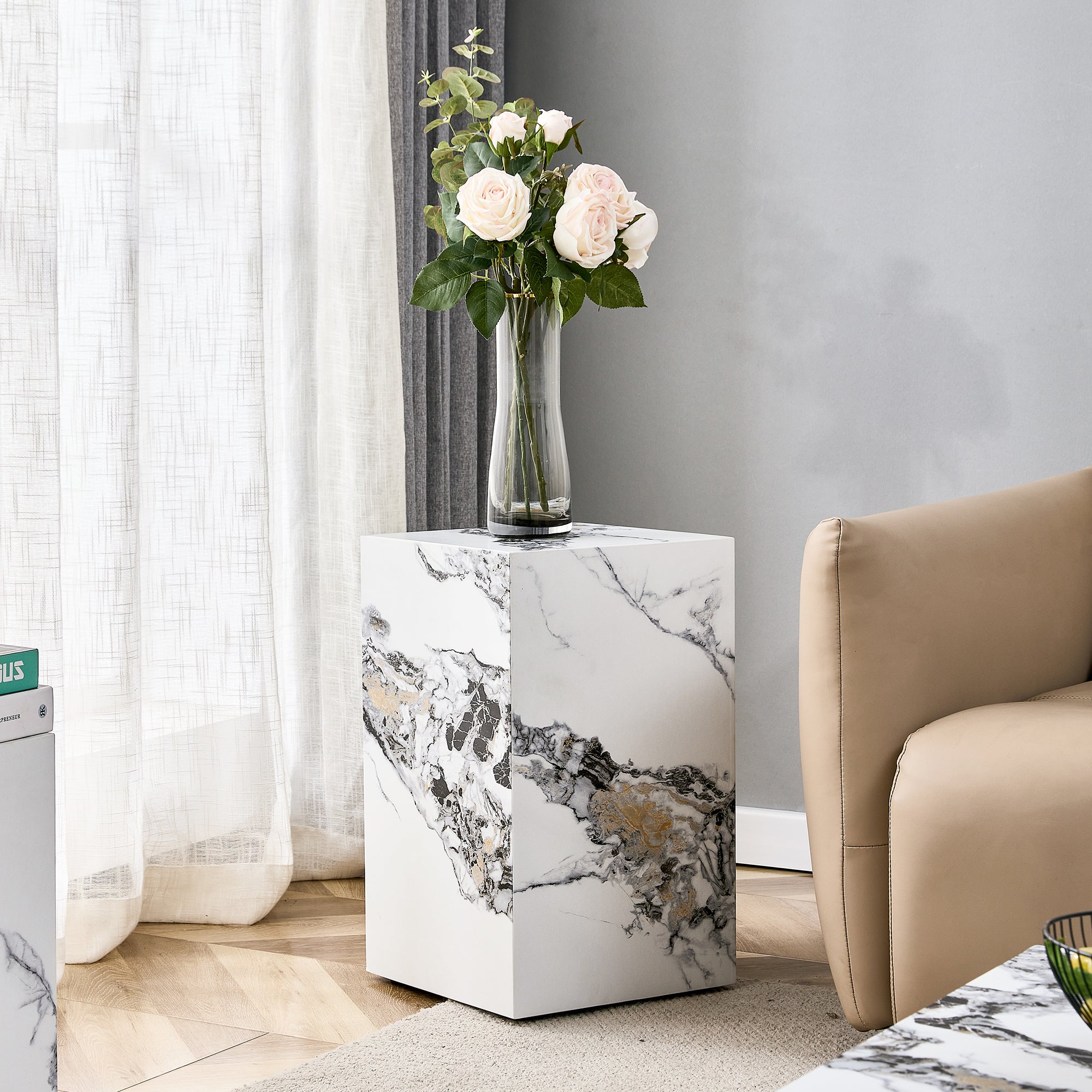 Modern White Mdf + Sticker Material, Cube Fashion Texture Design Coffee Table, Suitable for Various Situations and Scenes, Is a Good Choice for Home Decoration.