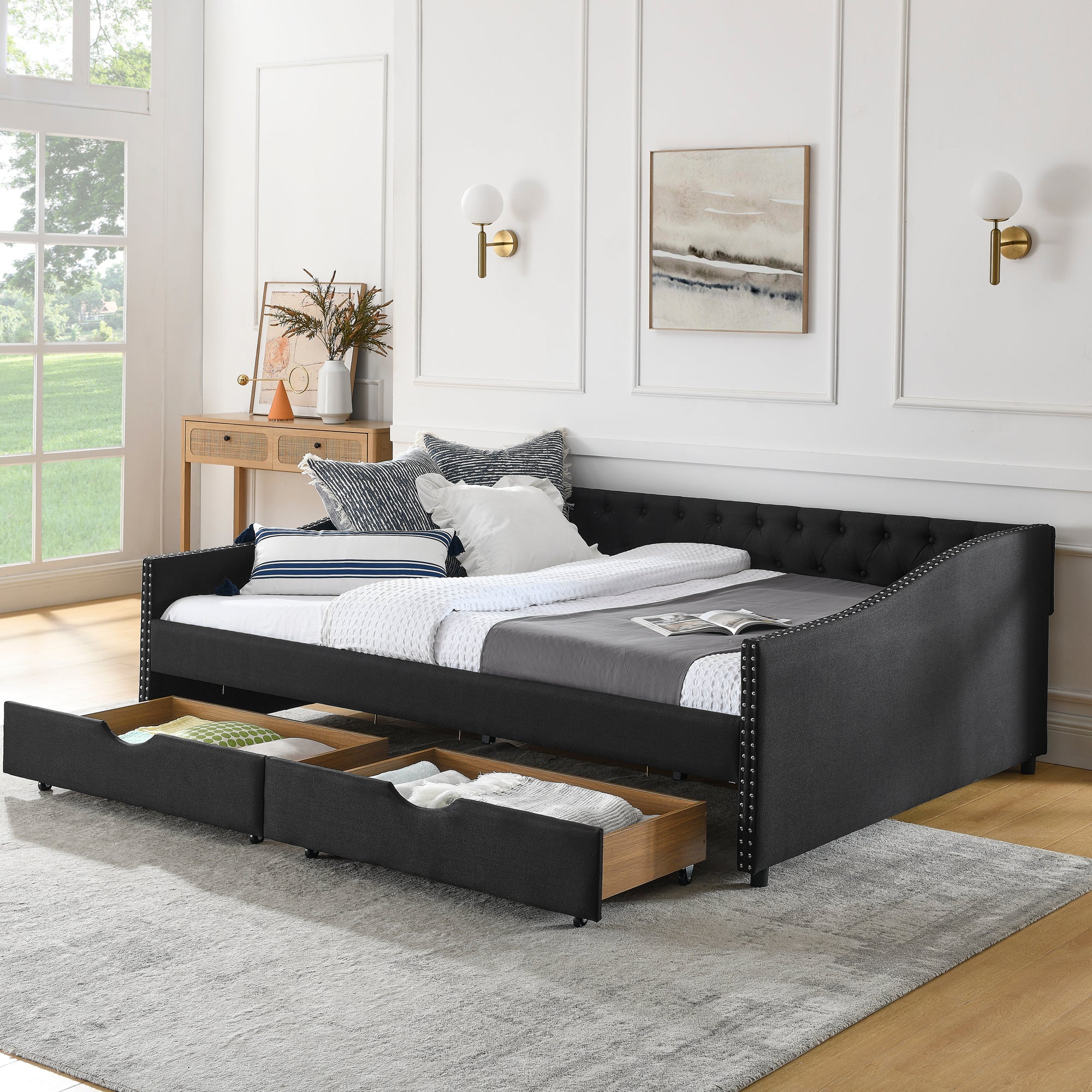 🆓🚛 Queen Size Daybed with Drawers Upholstered Tufted Sofa Bed with Button on Back and Copper Nail on Waved Shape Arms(84.5"x63.5"x26.5"), Black