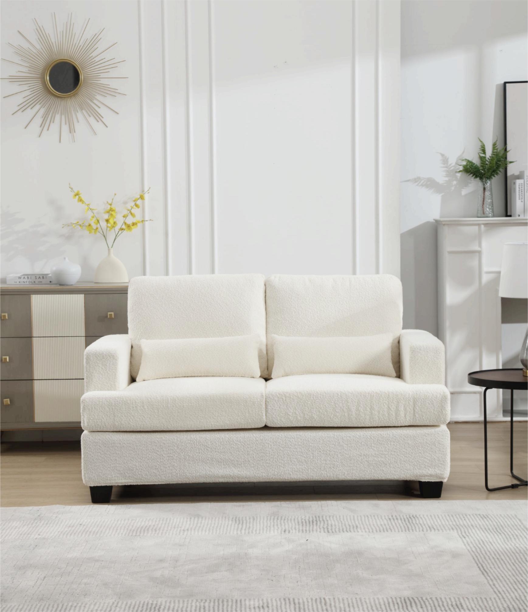 🆓🚛 63" Length Modern Loveseat Sofa, Removable Back Cushion, 2 Waist Pillows, White