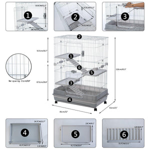 4-Tier 32" Small Animal Metal Cage Height Adjustable With Lockable Casters  Grilles Pull-Out Tray For Rabbit Chinchilla Ferret Bunny Guinea Pig Squirrel Hedgehog, GREY