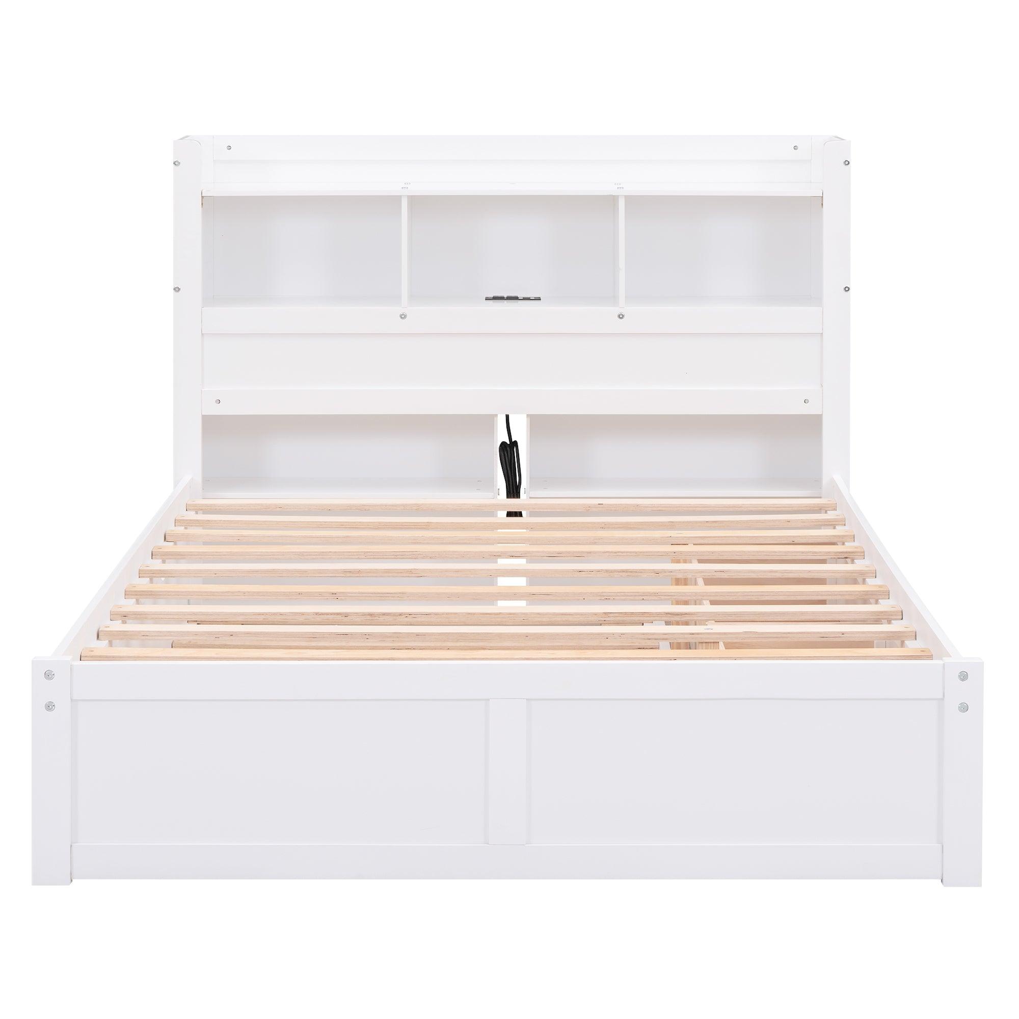 Full Size Storage Platform Bed with Pull Out Shelves, Twin Size Trundle and 2 Drawers, White