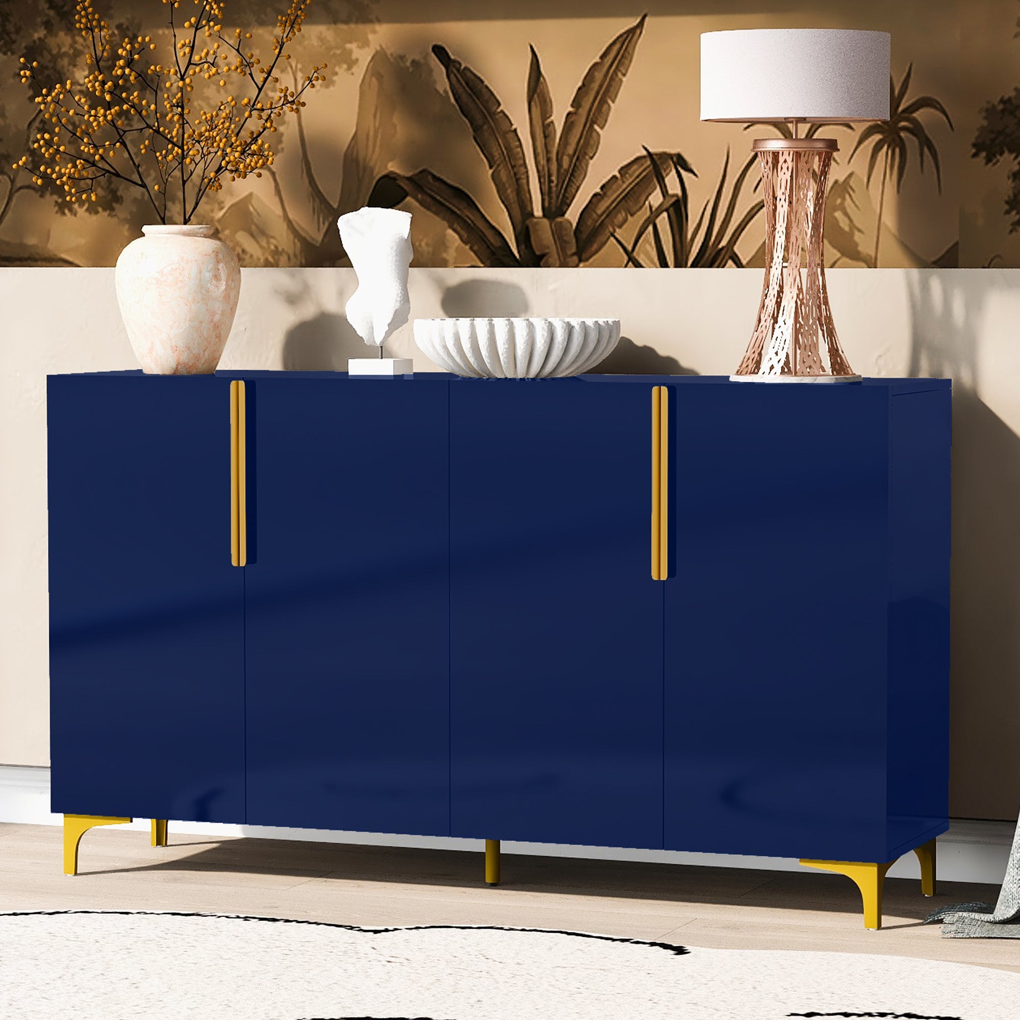 🆓🚛 4-Door Glossy Finish Light Luxury Sideboard Storage Cabinet, Adjustable,  Suitable for Living Room, Study, Hallway, Navy Blue