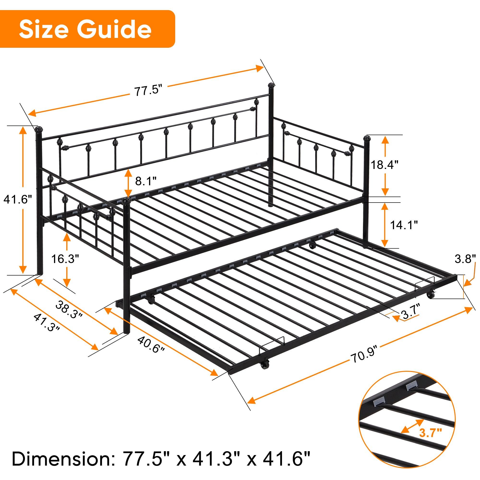 🆓🚛 Twin Size Metal Daybed With Pull Out Trundle, Modern 2 in 1 Sofa Bed Frame for Kids Teens Adults, Single Daybed Sofa Bed Frame