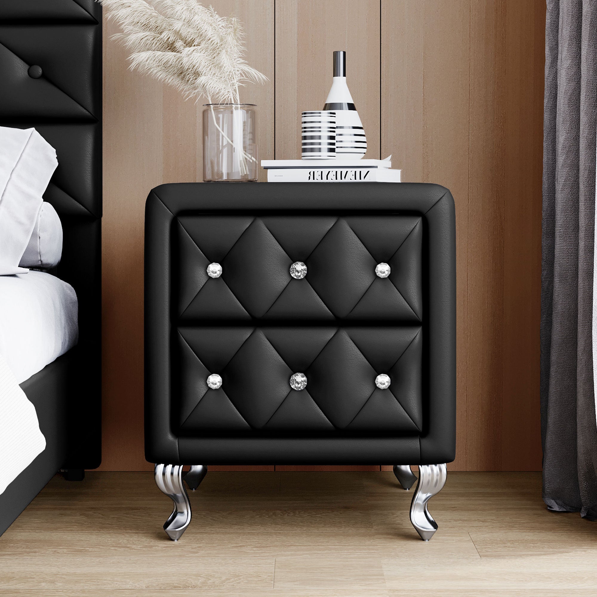 Elegant PU Nightstand with 2 Drawers and Crystal Handle, Fully Assembled Except Legs&Handles, Storage Bedside Table with Metal Legs - Black