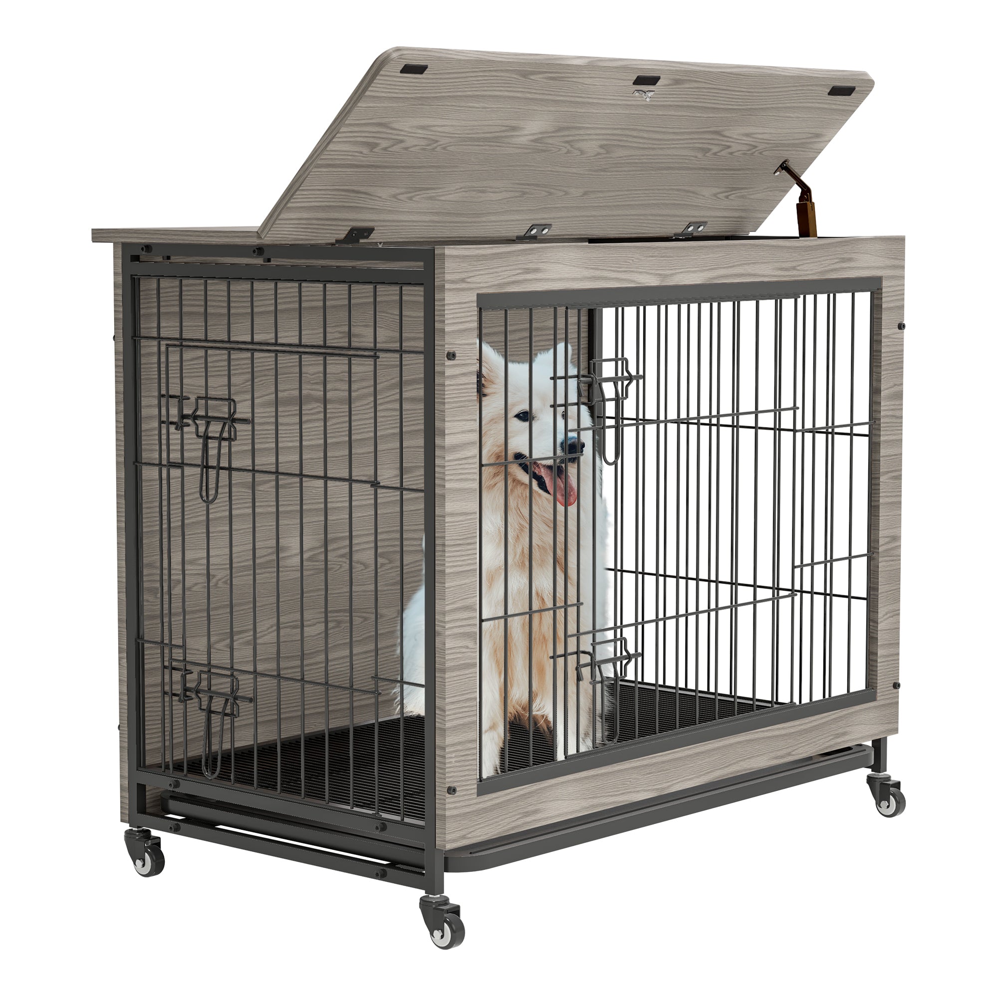 🆓🚛 Dog Crate Furniture, 38'' Heavy Duty Wooden Dog Kennel With Double Doors & Flip-Top for Large Dogs, Furniture Style Dog Crate End Table With Wheels, Gray 38.3"L X 23.4"W X 32"H