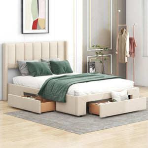 Full Size Upholstered Platform Bed with One Large Drawer in the Footboard and Drawer on Each Side, Beige