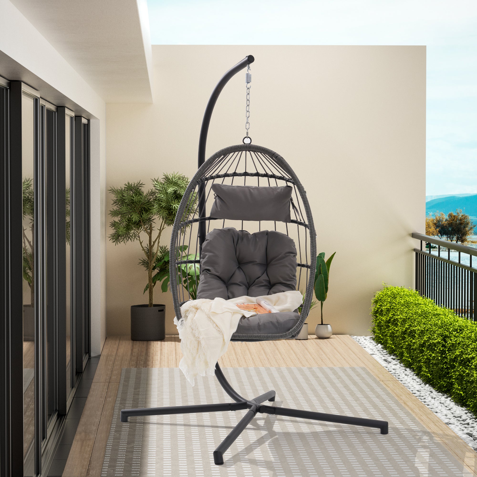 🆓🚛 Outdoor Garden Rattan Egg Swing Chair Hanging Chair, Light Gray Cushion