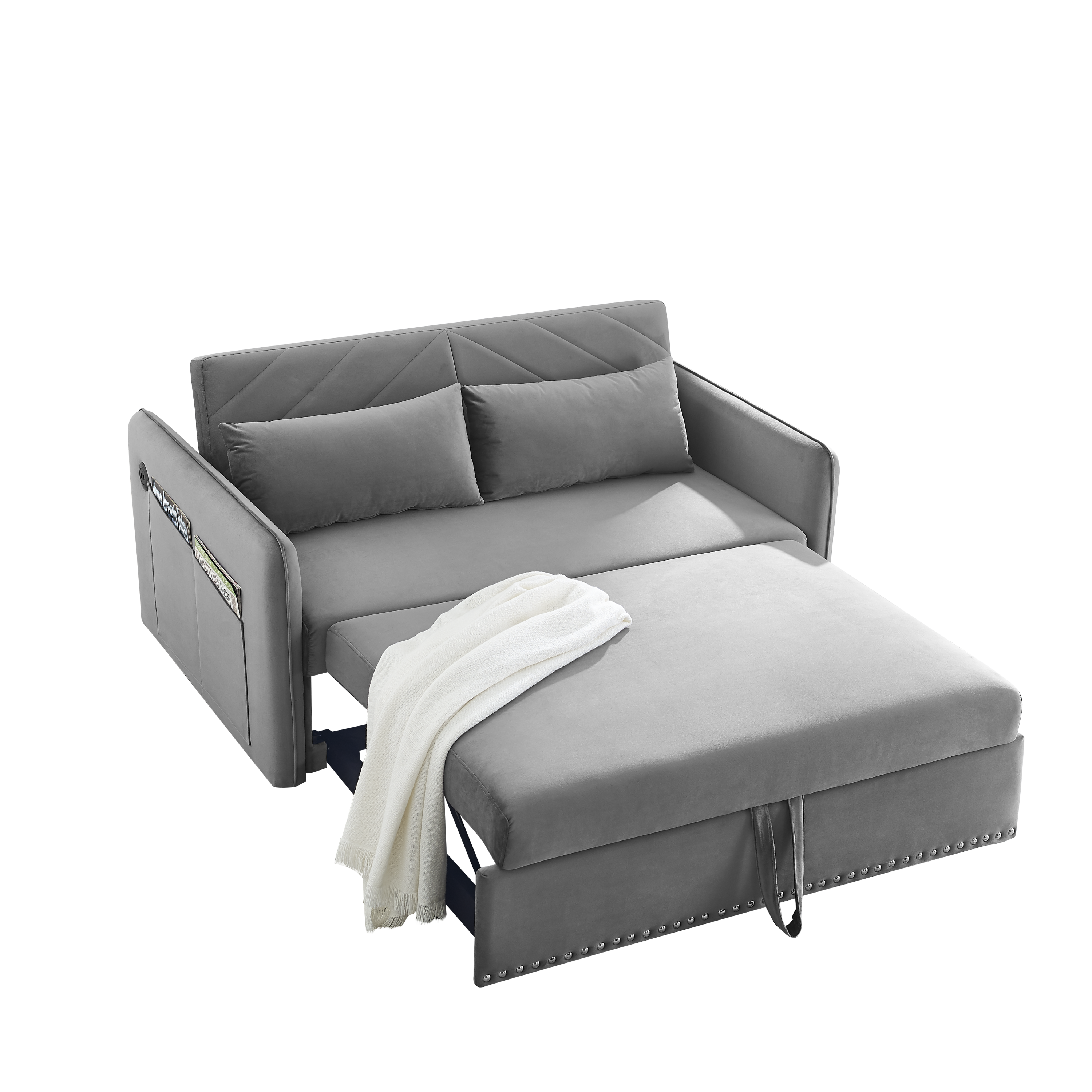 🆓🚛 3-In-1 Adjustable Sleeper With Pull-Out Bed, 2 Lumbar Pillows and Side Pocket, Soft Velvet Convertible Sleeper Sofa Bed, Gray