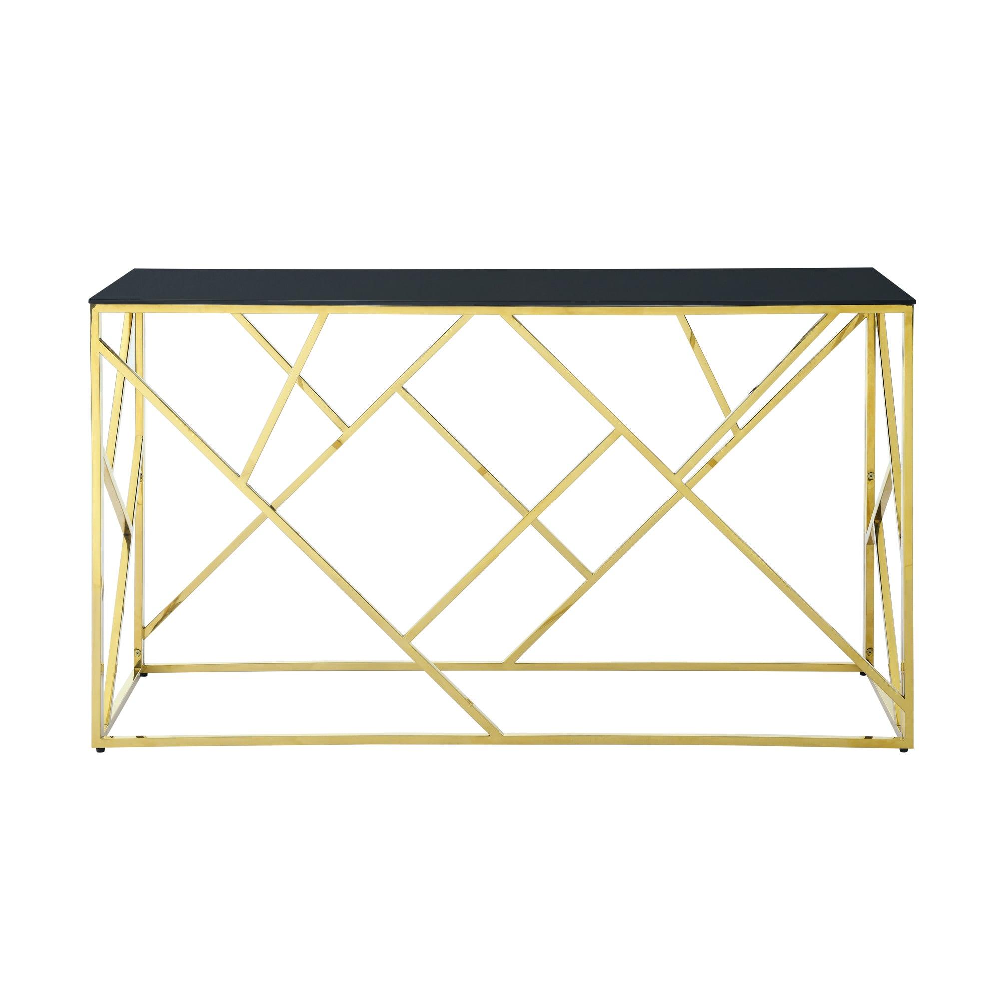 🆓🚛 Modern Glass Console Table, 55" Gold Sofa Table With Sturdy Metal Frame & Black Tempered Glass Top, for Living Room Entryway Bedroom, Gold Finish