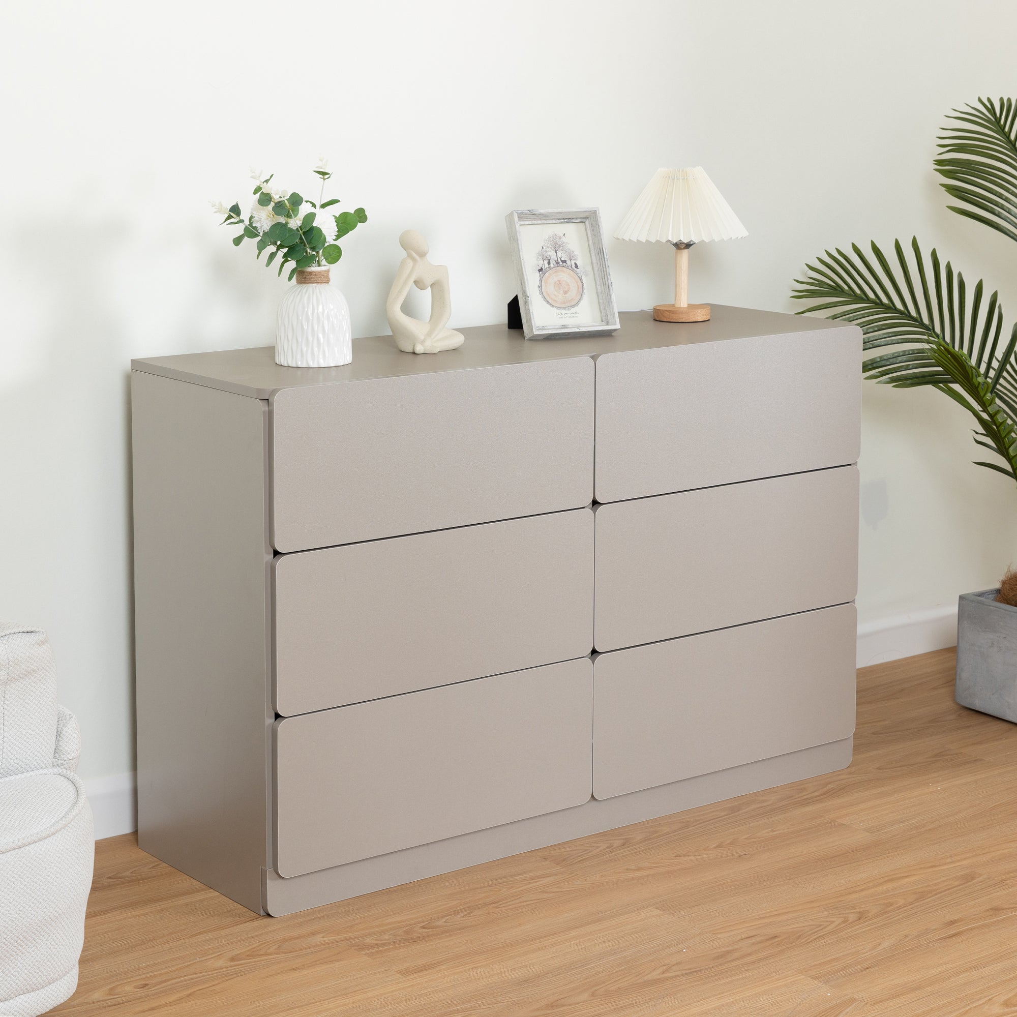 🆓🚛 Drawer Dresser Cabinet, Sideboard, Bar Cabinet, Buffet Server Console, Table Storge Cabinets, Flat Out The Corners of The Drawers, Six Drawers, for Dining Room, Living Room, Bedroom, Kitchen Hallway, Light Gray