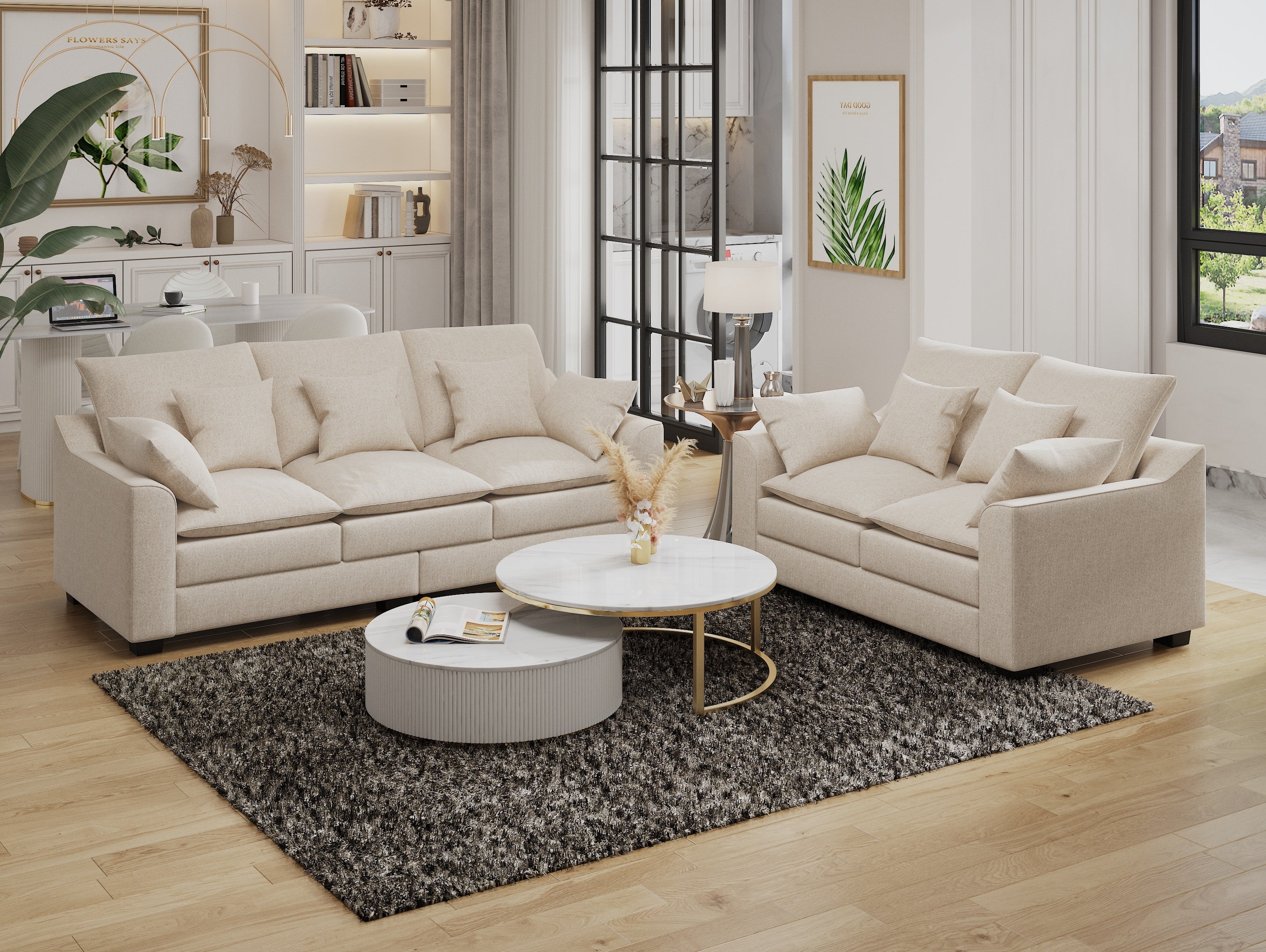 2 Pieces Sofa Couch 3-Seater and Loveseat With Pillows Polyester Upholstered Duck Down Filled Cushion Sofa Set for Living Room Apartment, Beige