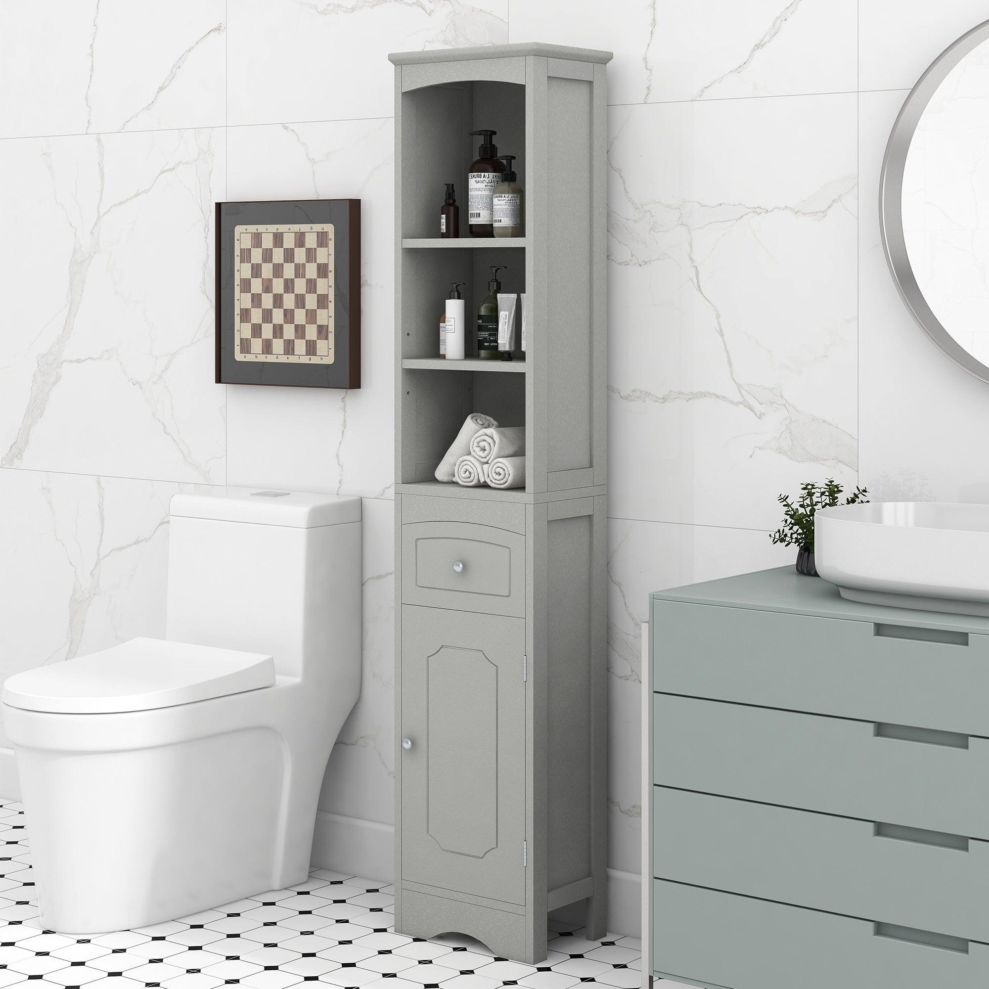 🆓🚛 Tall Bathroom Cabinet, Freestanding Storage Cabinet With Drawer, Adjustable Shelf, Gray