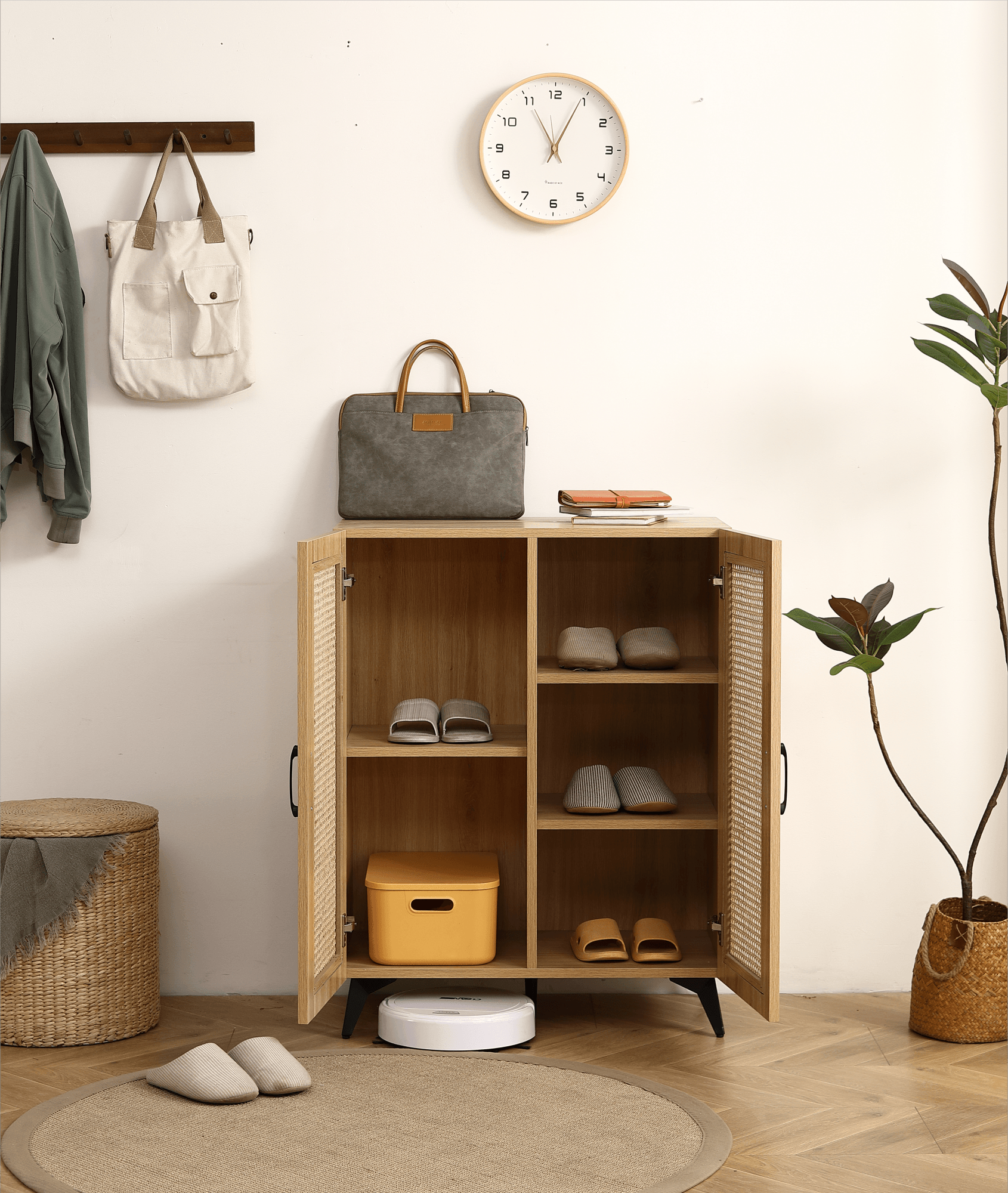 🆓🚛 Natural Rattan Storage Cabinet Double-Door Shoe Cabinet With Large Storage Space & Durable Structure 29.5"