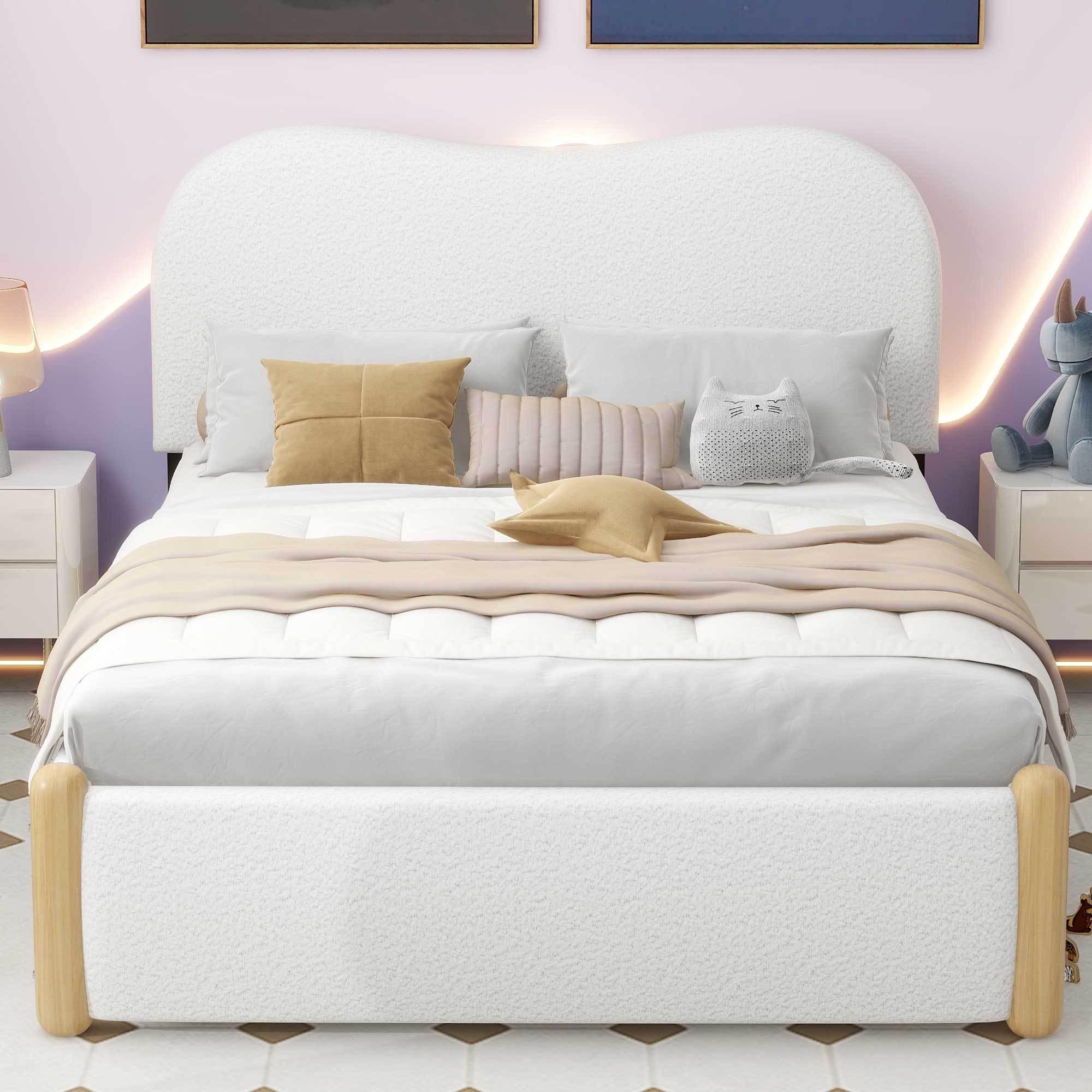 🆓🚛 Full Size Upholstered Platform Bed With Wood Supporting Feet, White