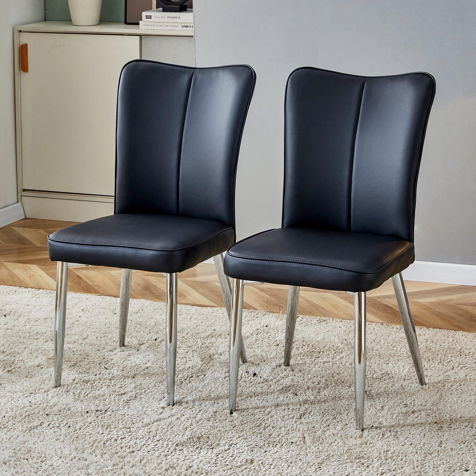 🆓🚛 Modern Minimalist Dining Chairs, Black Pu Leather Curved Backrest & Cushion, Set Of 2 Chairs