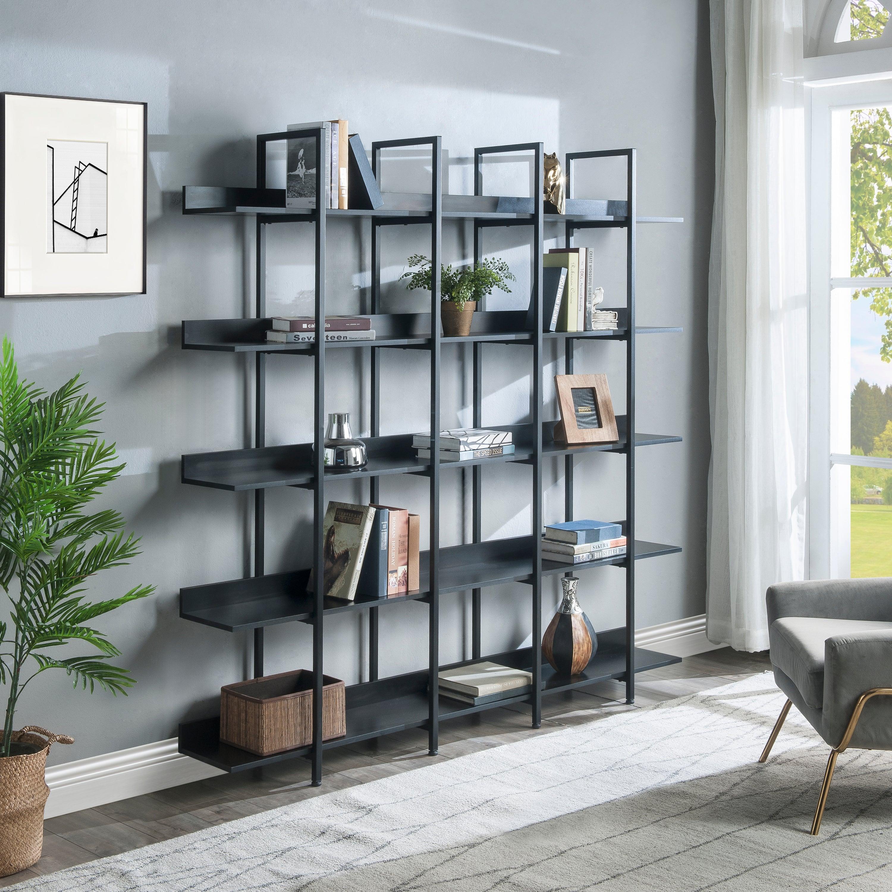 🆓🚛 5 Tier Bookcase Home Office Open Bookshelf, Vintage Industrial Style Shelf With Metal Frame, Black