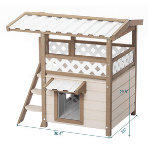 Feral Cat House Outdoor Indoor Kitty Houses With Durable PVC Roof, Escape Door, Curtain And Stair, 2 Story Design Perfect For Multi Cats