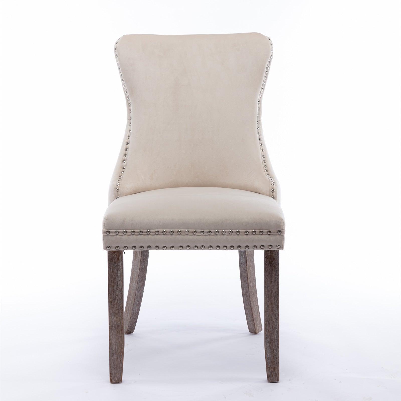 🆓🚛 Upholstered Wing-Back Dining Chair With Backstitching Nailhead Trim & Solid Wood Legs, Set Of 2, Beige