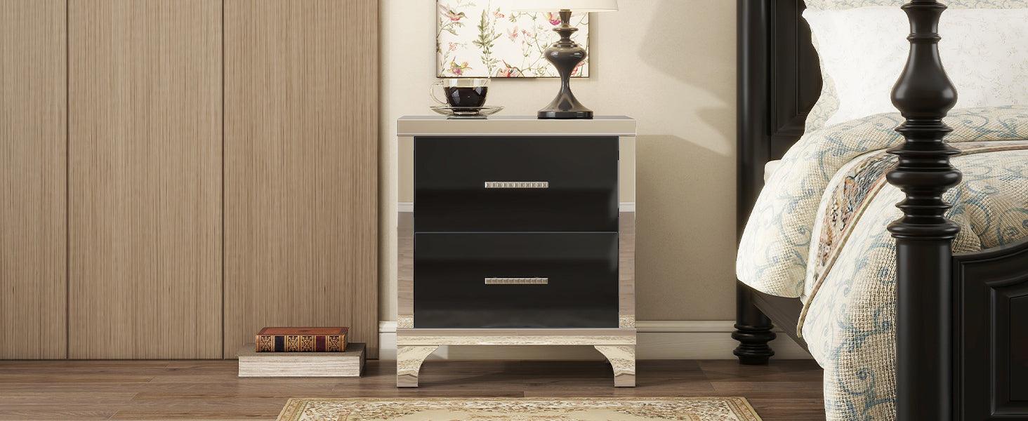 Elegant High Gloss Nightstand with Metal Handle, Mirrored Bedside Table with 2 Drawers for Bedroom, Living Room, Black