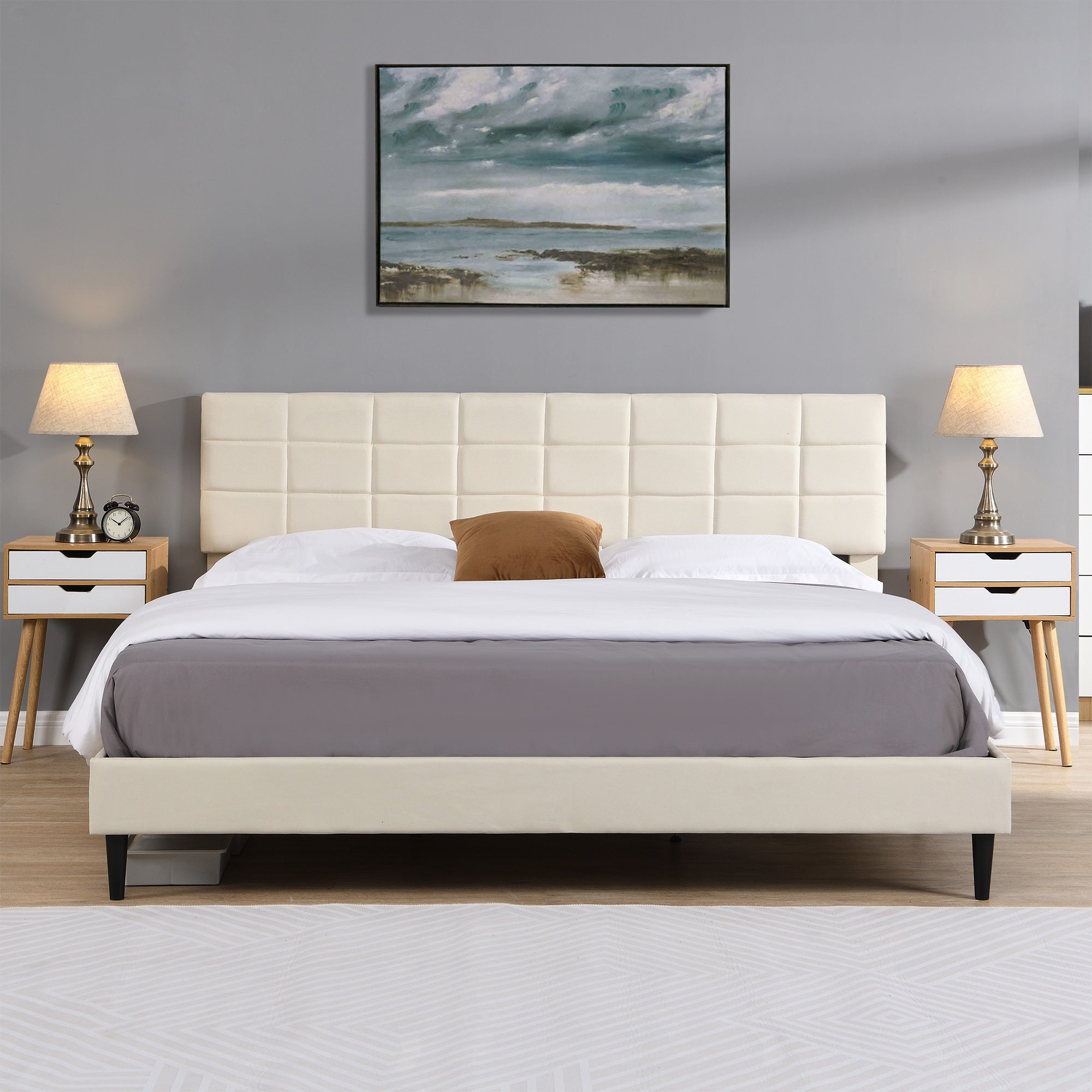 🆓🚛 King Size Platform Bed Frame With Fabric Upholstered Headboard and Wooden Slats, No Box Spring Needed/Easy Assembly, Beige