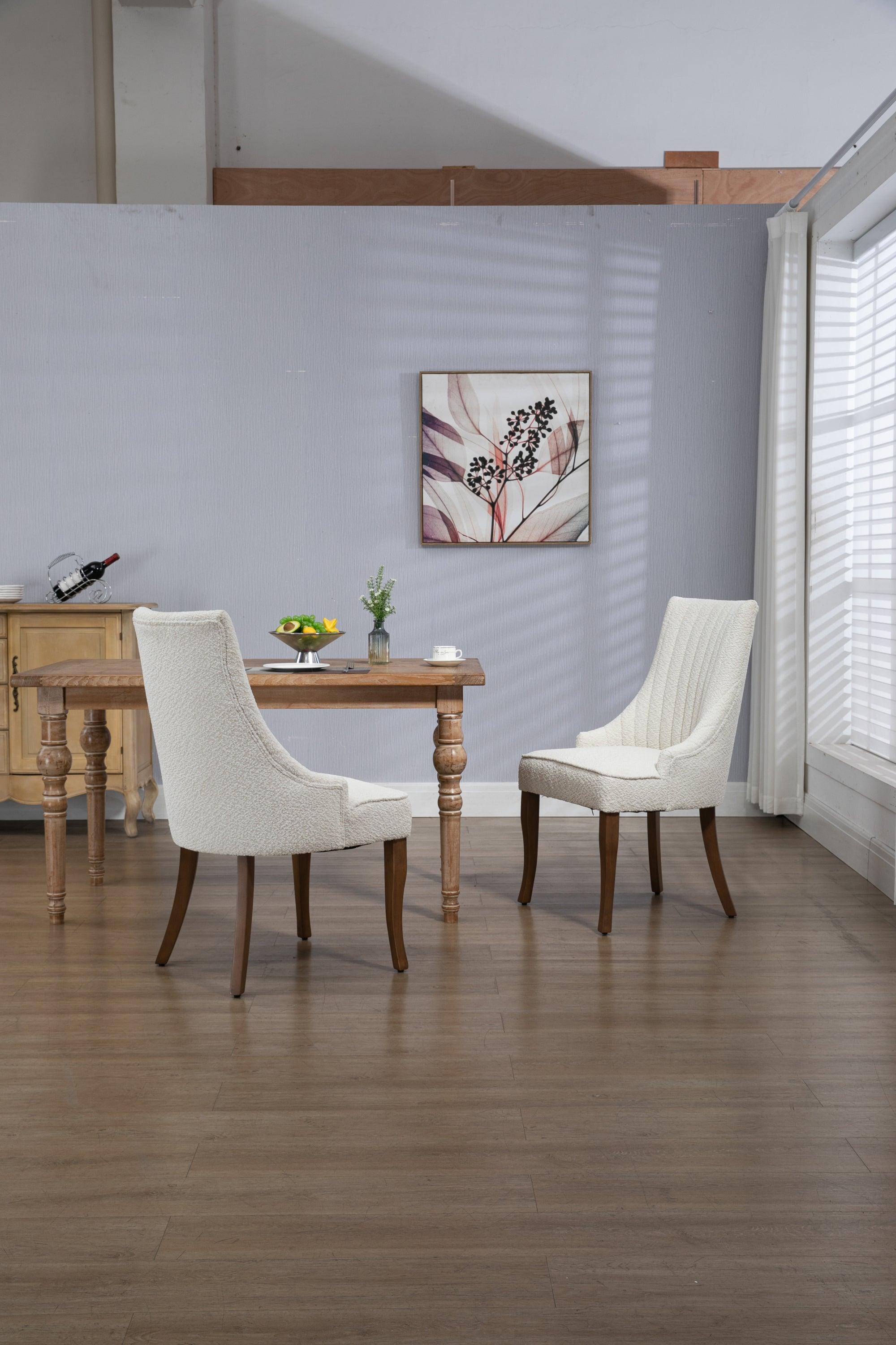 Exquisite White Boucle Upholstered Strip Back Dining Chair with Solid Wood Legs 2 Pcs