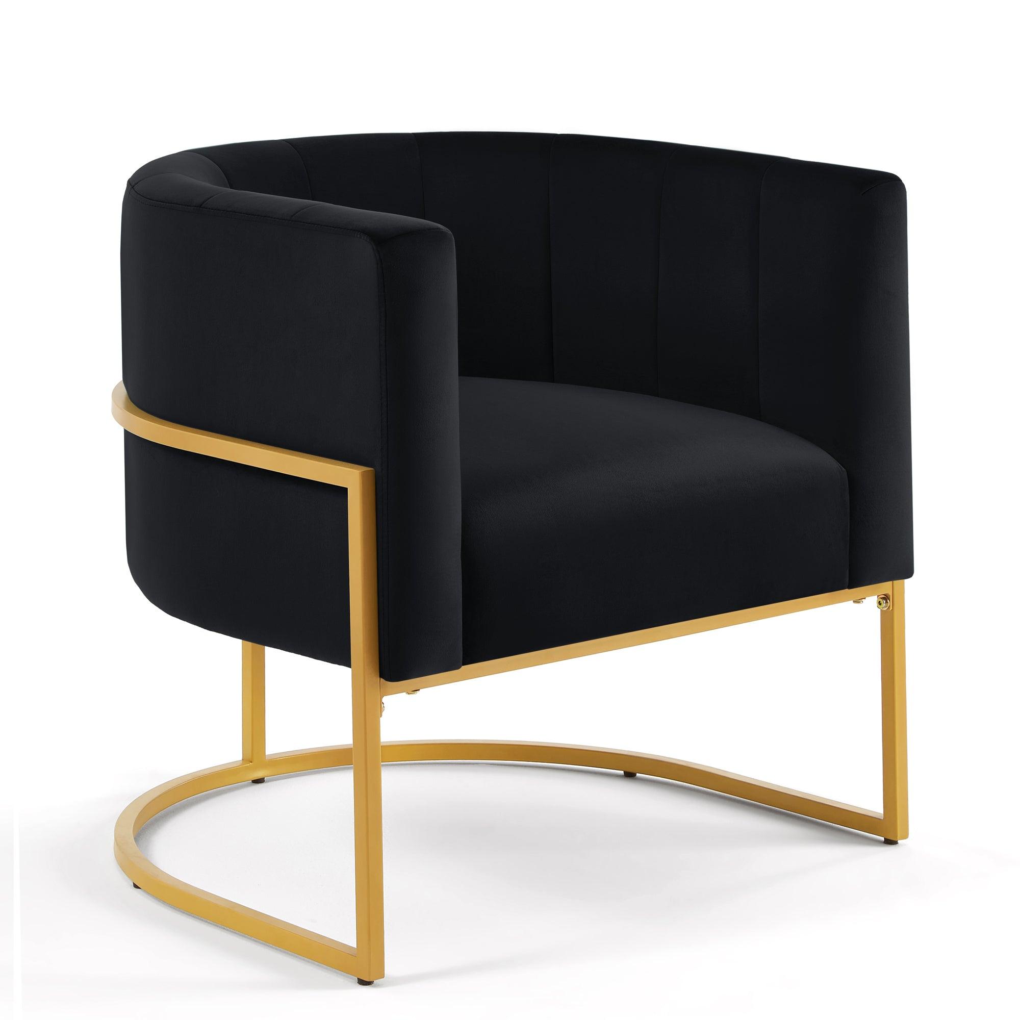 🆓🚛 Upholstered Velvet Accent Chair With Golden Metal Stand, Mid-Century Living Room Leisure Chair With Curve Backrest, Black