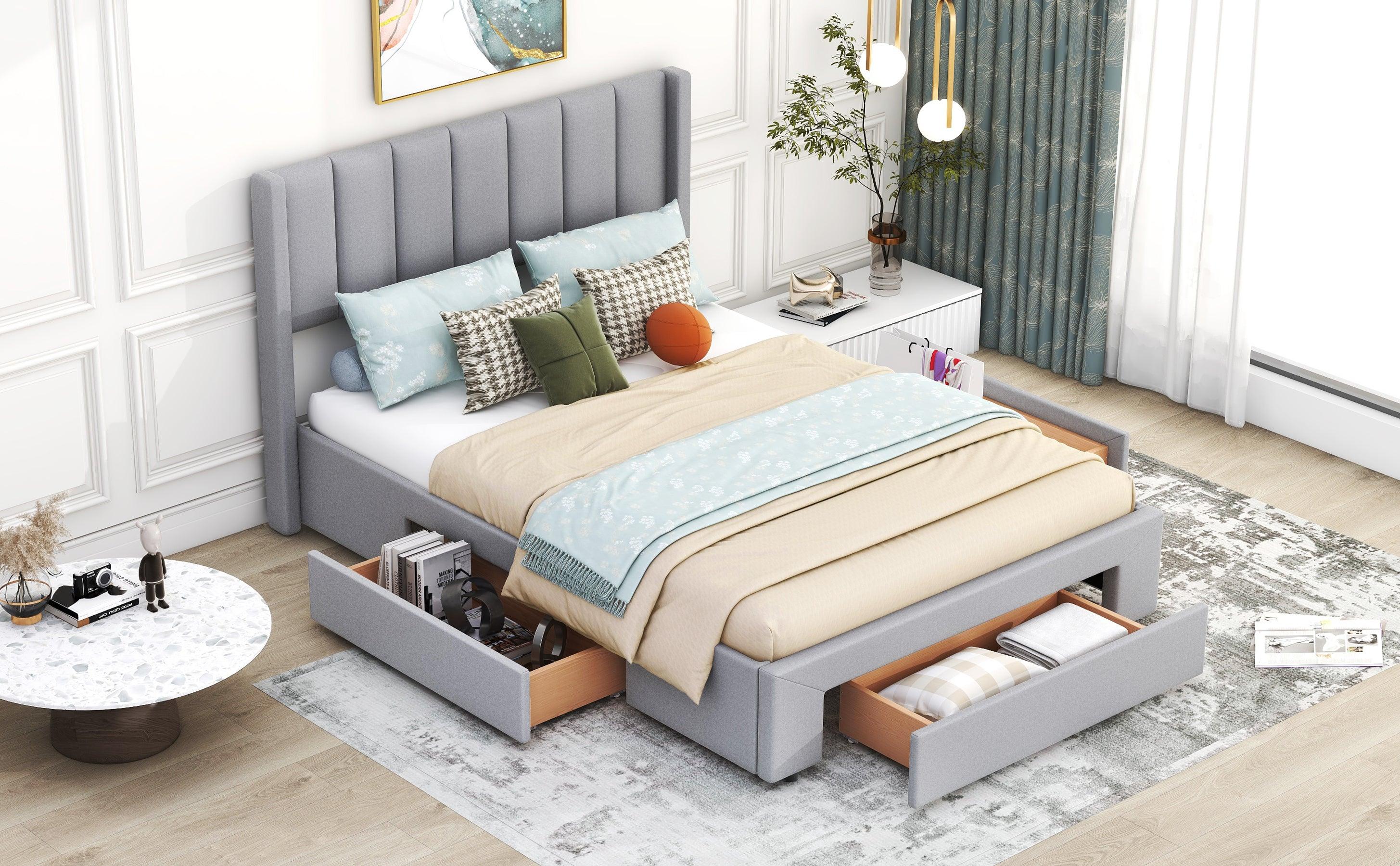 Full Size Upholstered Platform Bed with One Large Drawer in the Footboard and Drawer on Each Side, Gray