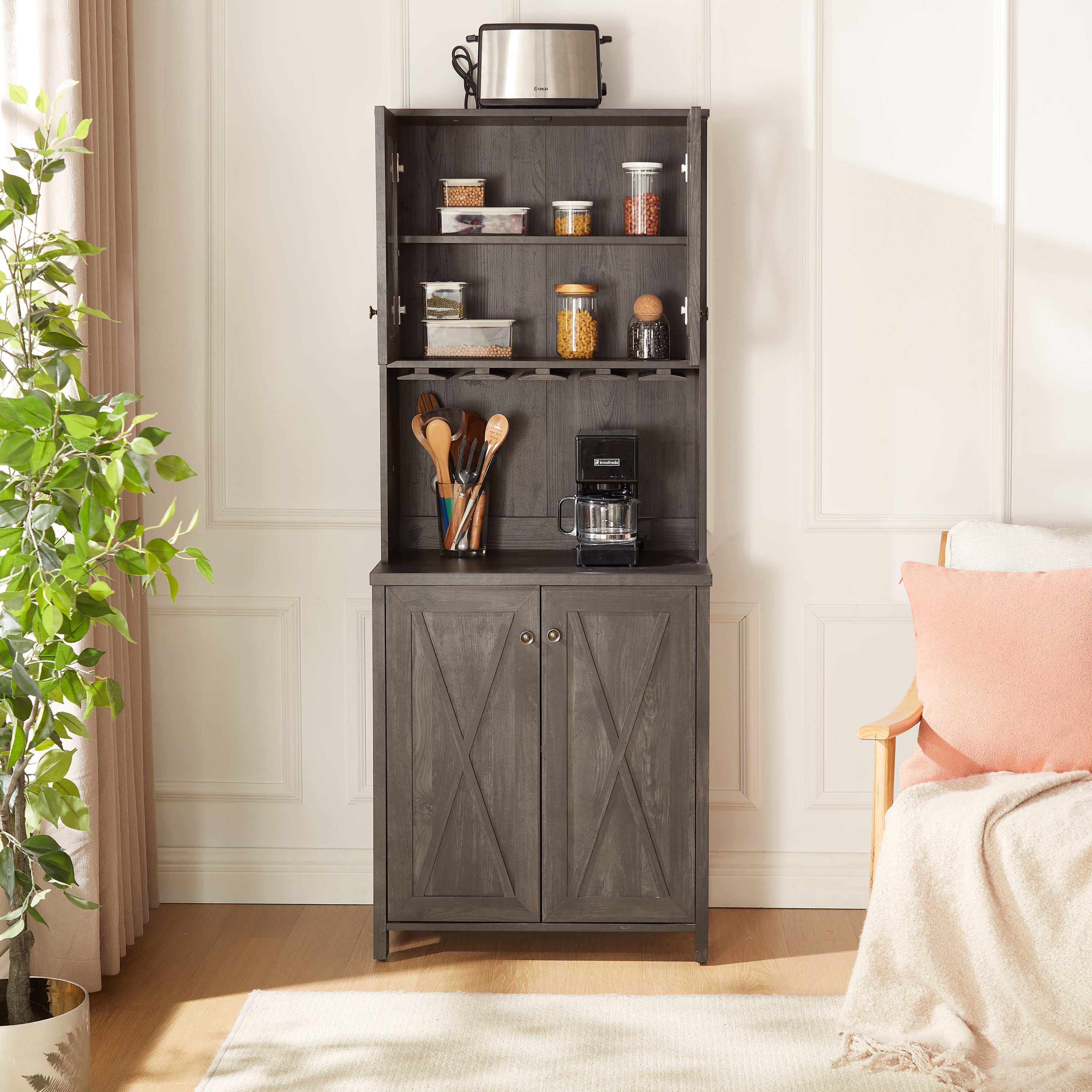 🆓🚛 Coffee Bar Cabinet Kitchen Cabinet With Microwave Stand Metal Frame Side Home Source Bar Cabinet Cabinet and Hollow Out Barn Design Wood Cabinet L26.77''*W15.75''*H67.32'' Charcoal Gray