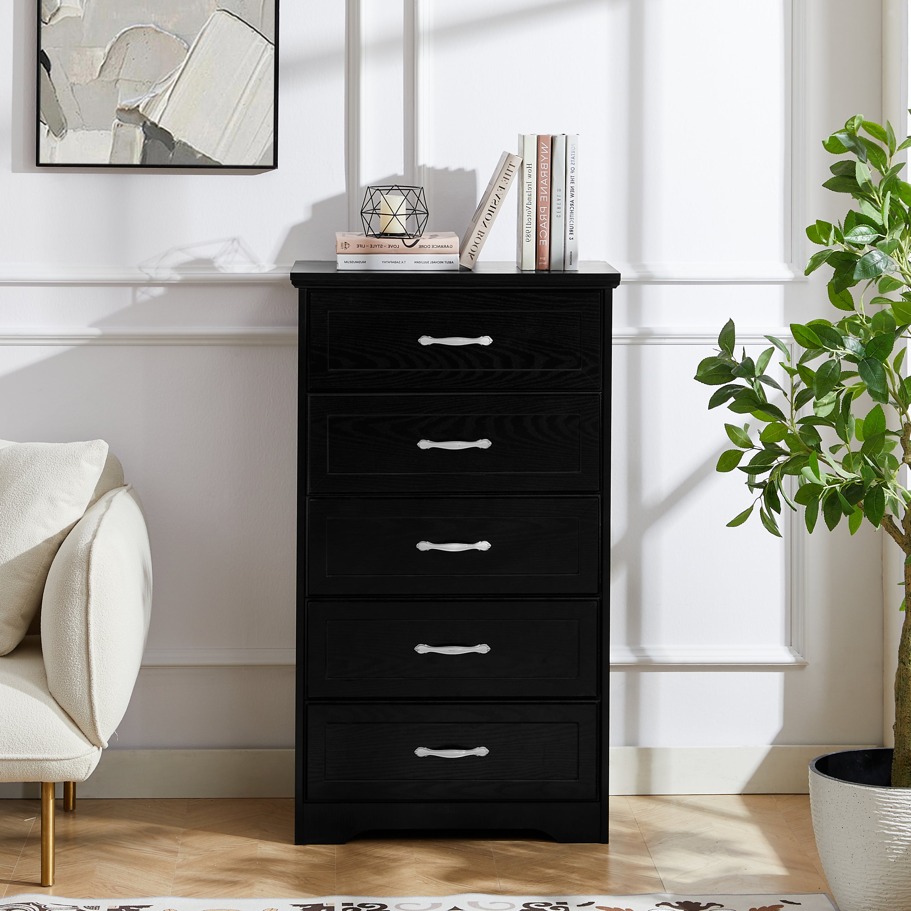 🆓🚛 Modern 5 Tier Bedroom Chest of Drawers, Dresser With Drawers, Clothes Organizer for Living Room, Bedroom, Hallway, Black, 25.2″L X 15.8″W X 43.5″H