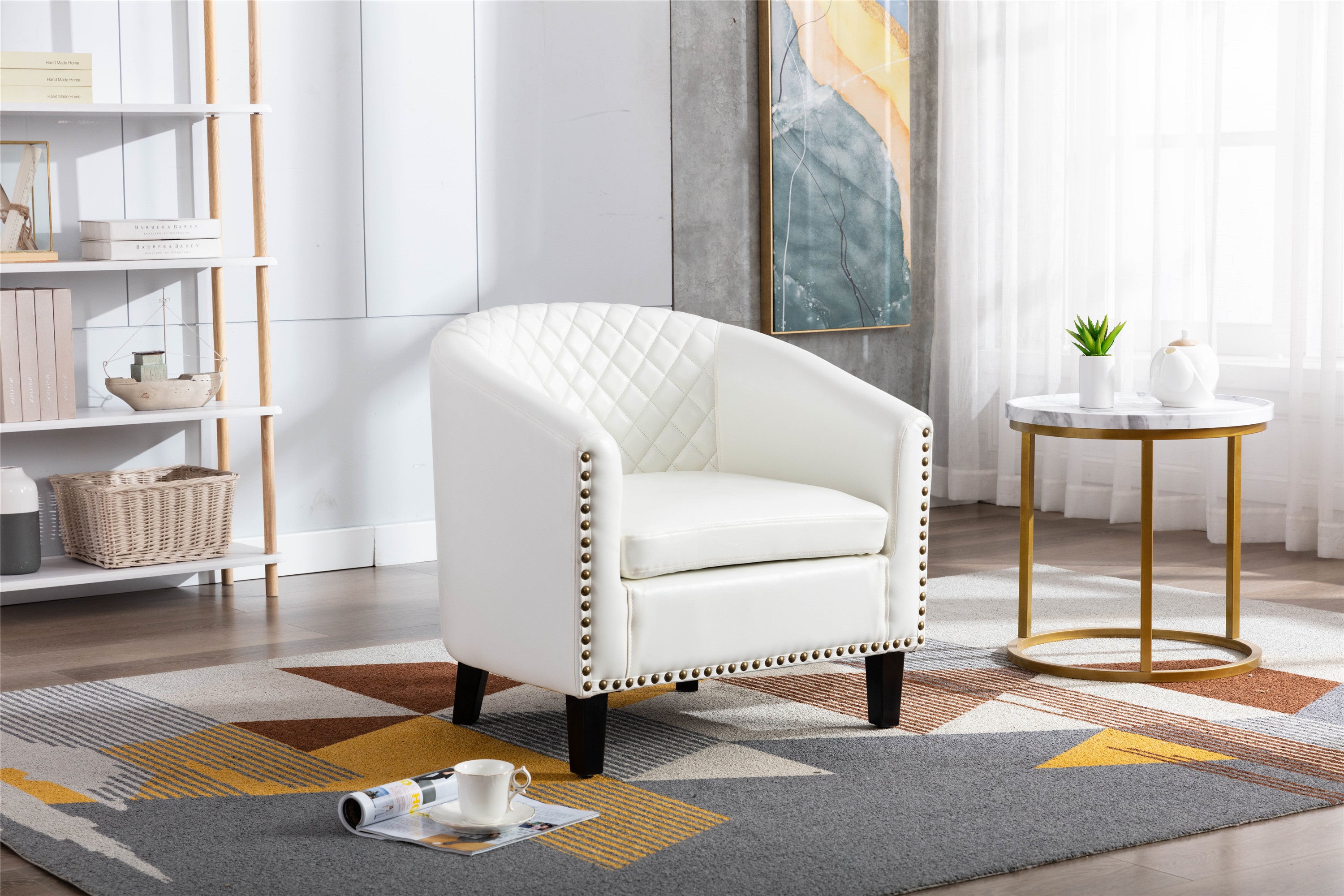 🆓🚛 Accent Barrel Chair Living Room Chair With Nailheads and Solid Wood Legs, White Pu Leather