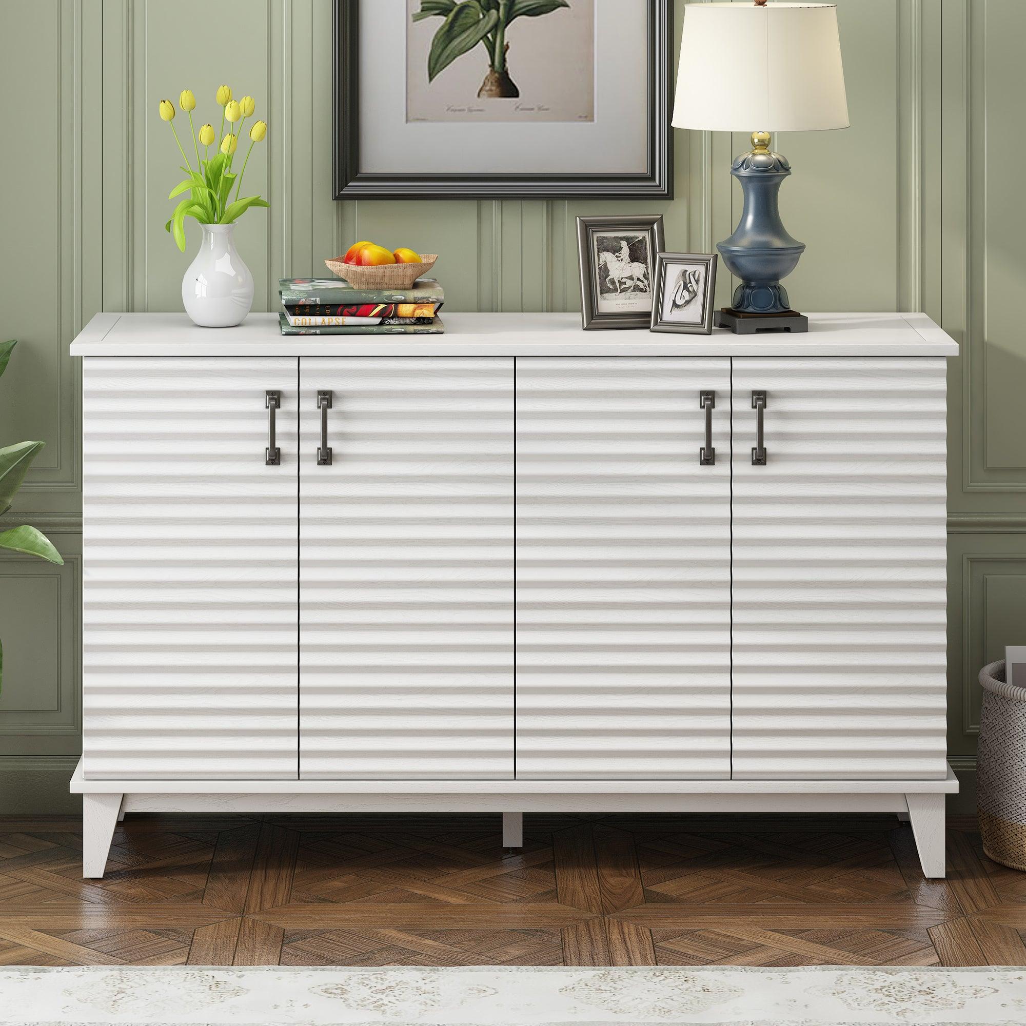 🆓🚛 Sideboard With 4 Door Large Storage Buffet With Adjustable Shelves & Metal Handles for Kitchen, Living Room, Dining Room (Antique White)