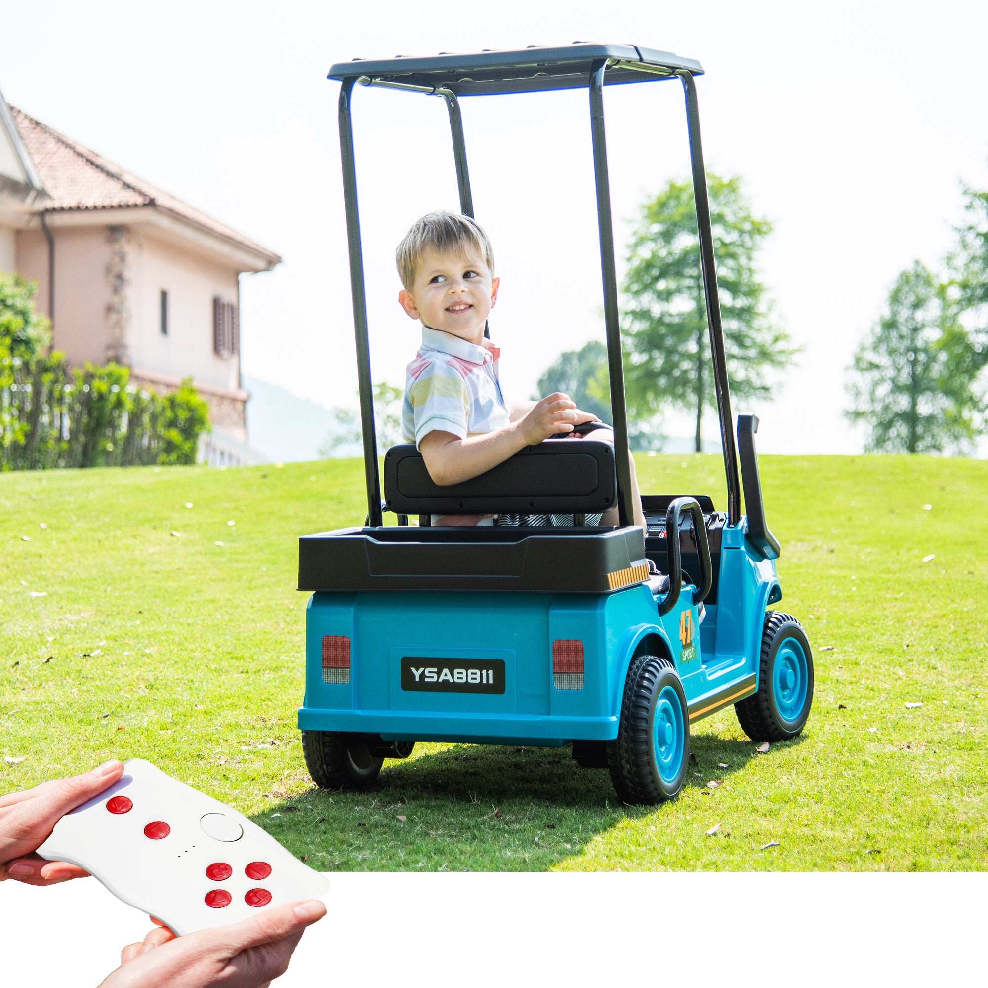 Blue, 12V, Ride On Toy for Kids Ages 3+, 12V4.5Ah, Golf Maintenance Cart With Roof, Outdoor/Off Road/Electric Car, Wide Big Seat, With 2.4G Remote Control, Ceiling, High/Low Speed, Gift for Boys Girls