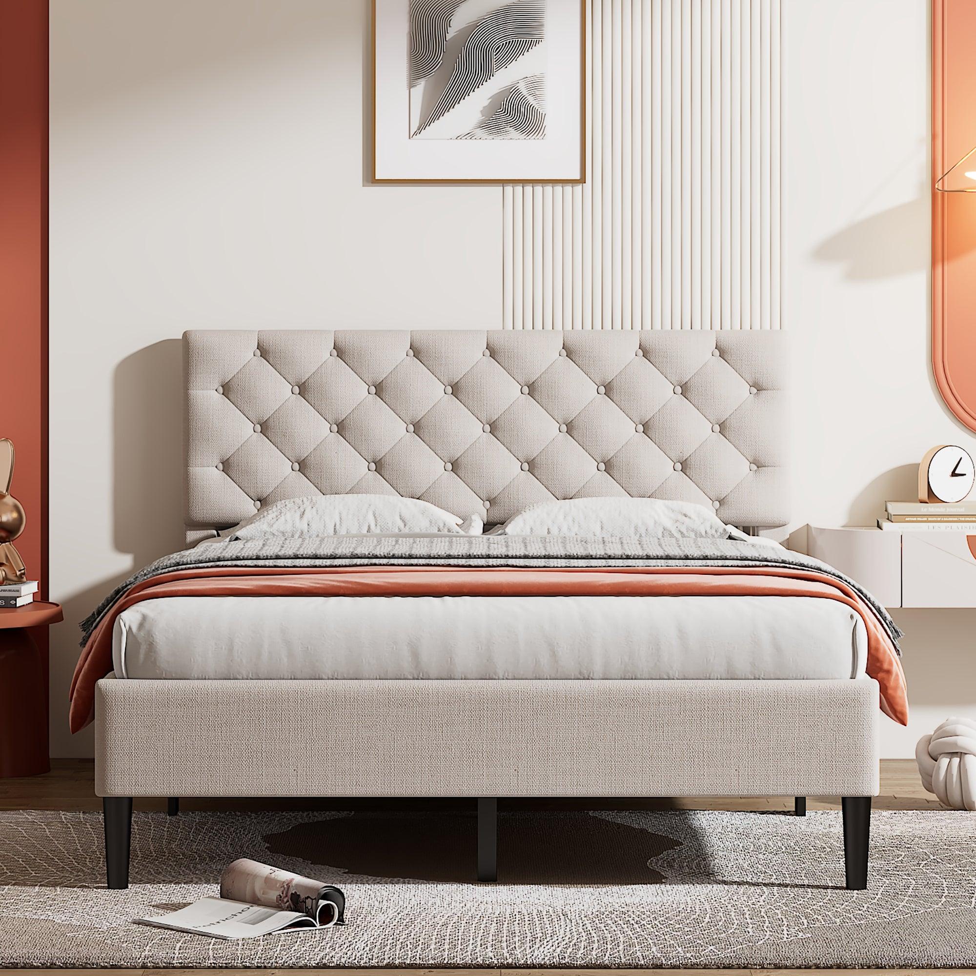 🆓🚛 Upholstered Linen Platform Bed, Full Size, Beige