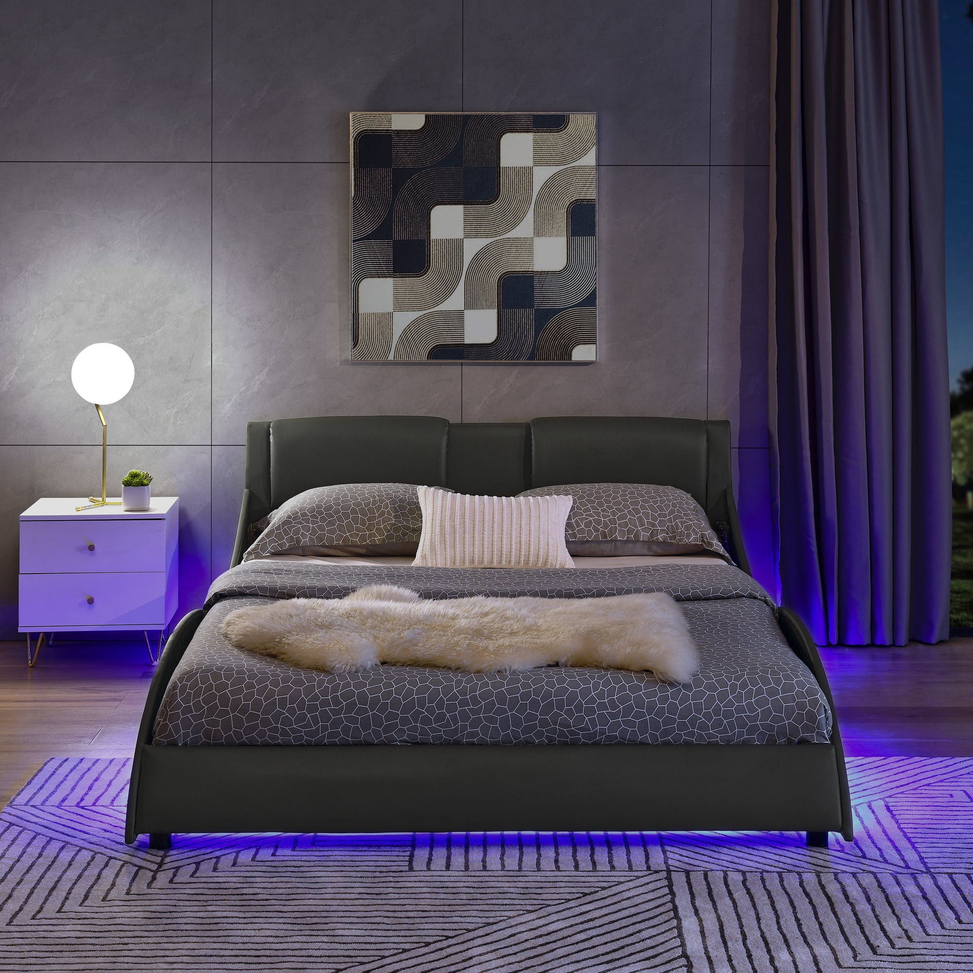 Queen Led Bed Frame Modern Faux Leather Upholstered Platform Bed Frame With Rgb Led Lights and Headboard Wave Like Curve Low Profile Bed Frame, Wood Slats Support, Easy Assembly, Gray