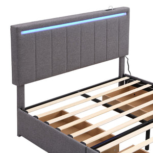 Full Size Upholstered Bed with LED Light and 4 Drawers,  Modern Platform Bed with a set of Sockets and USB Ports, Linen Fabric, Gray