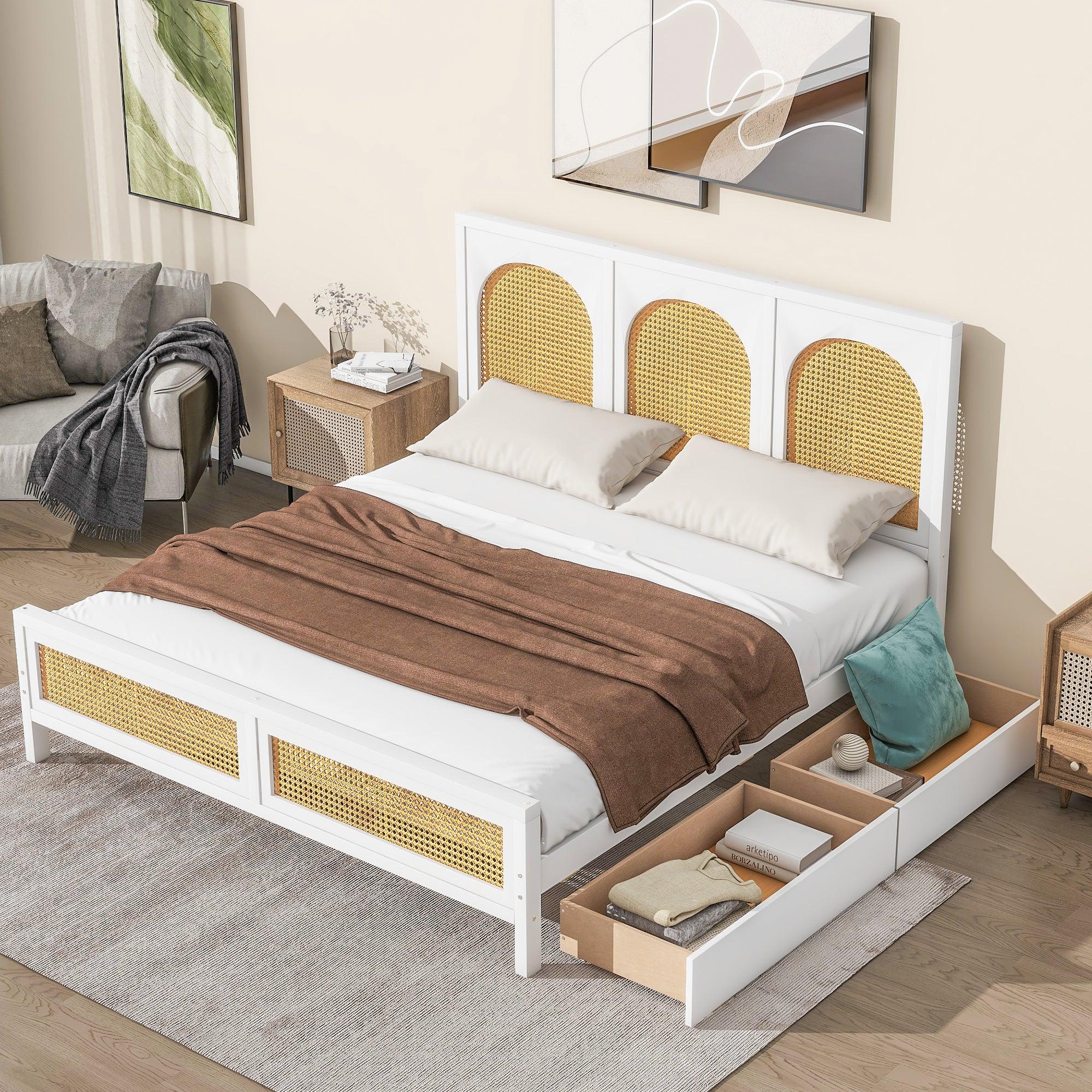 🆓🚛 Queen Size Wood Storage Platform Bed with 2 Drawers, Rattan Headboard and Footboard, White