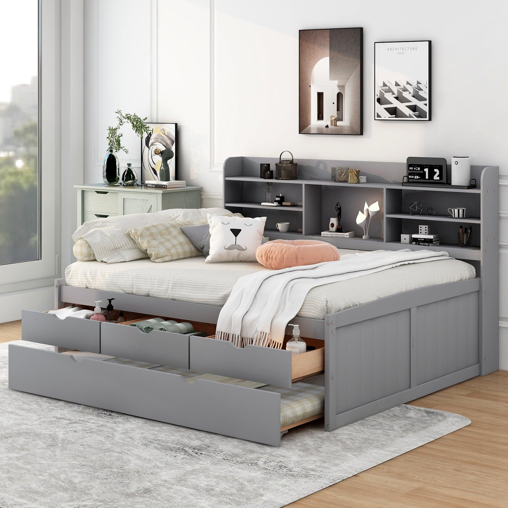 🆓🚛 Full Size Wooden Captain Bed With Built-in Bookshelves, Three Storage Drawers and Trundle, Light Gray