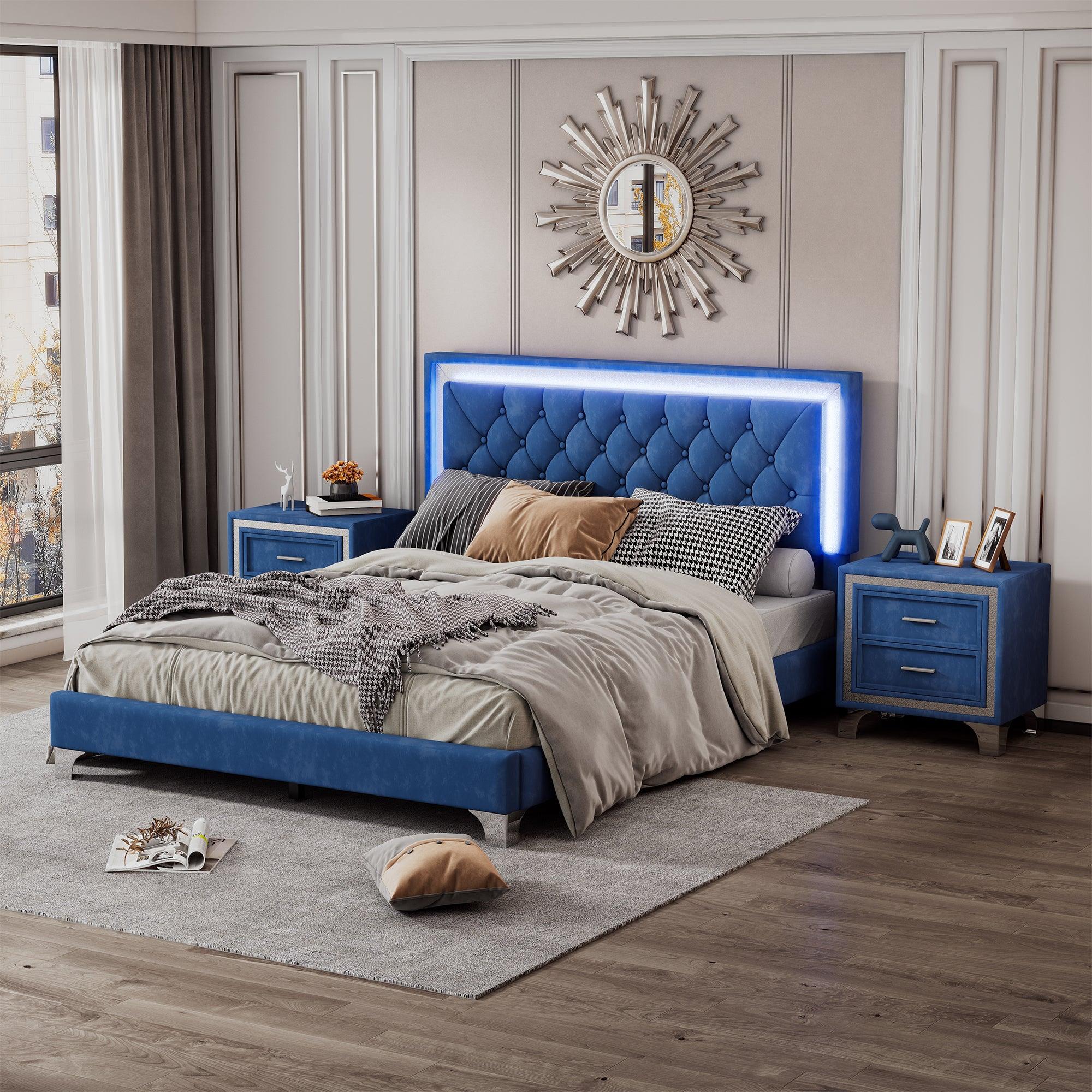 🆓🚛 3-Pieces Bedroom Sets, Queen Size Upholstered Platform Bed With Led Lights & Two Nightstands-Blue