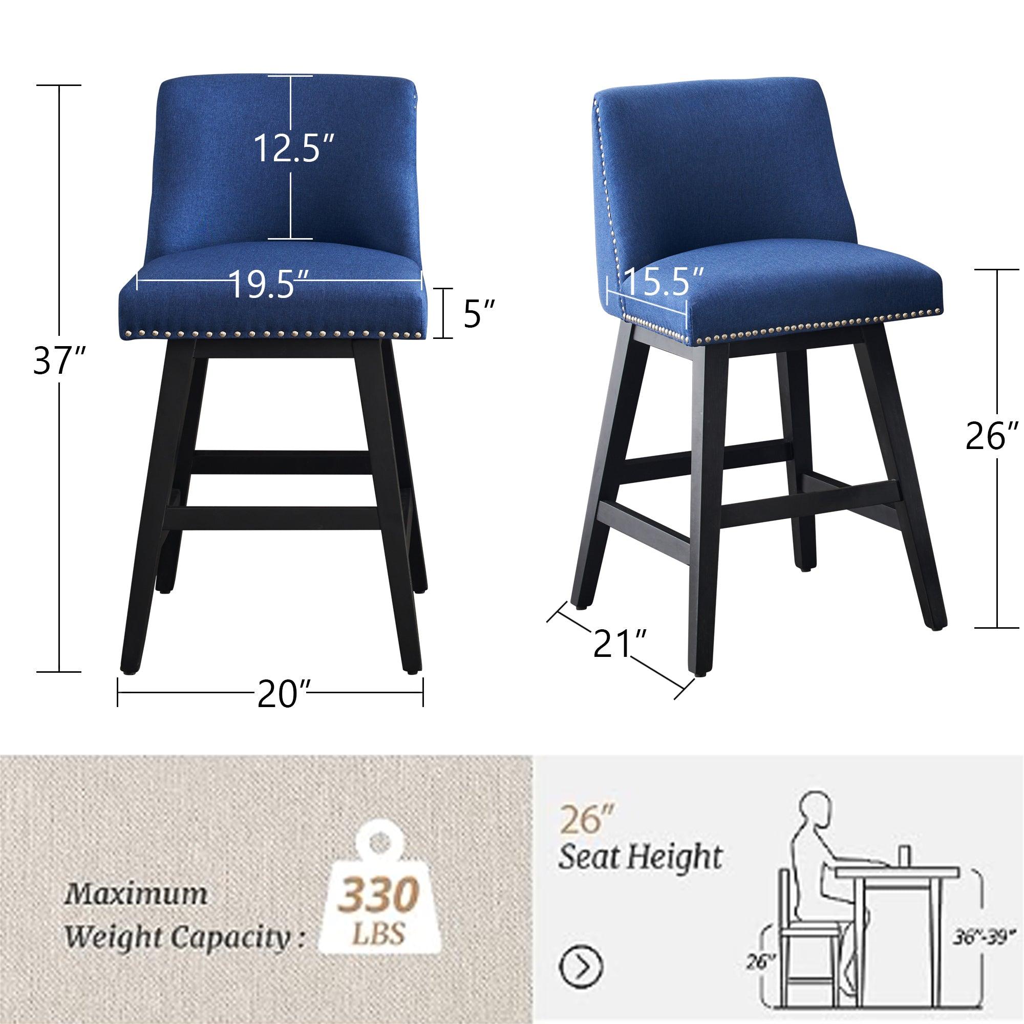 26" Upholstered Swivel Bar Stools Set of 2, Modern Linen Fabric High Back Counter Stools with Nail Head Design and Wood Frame