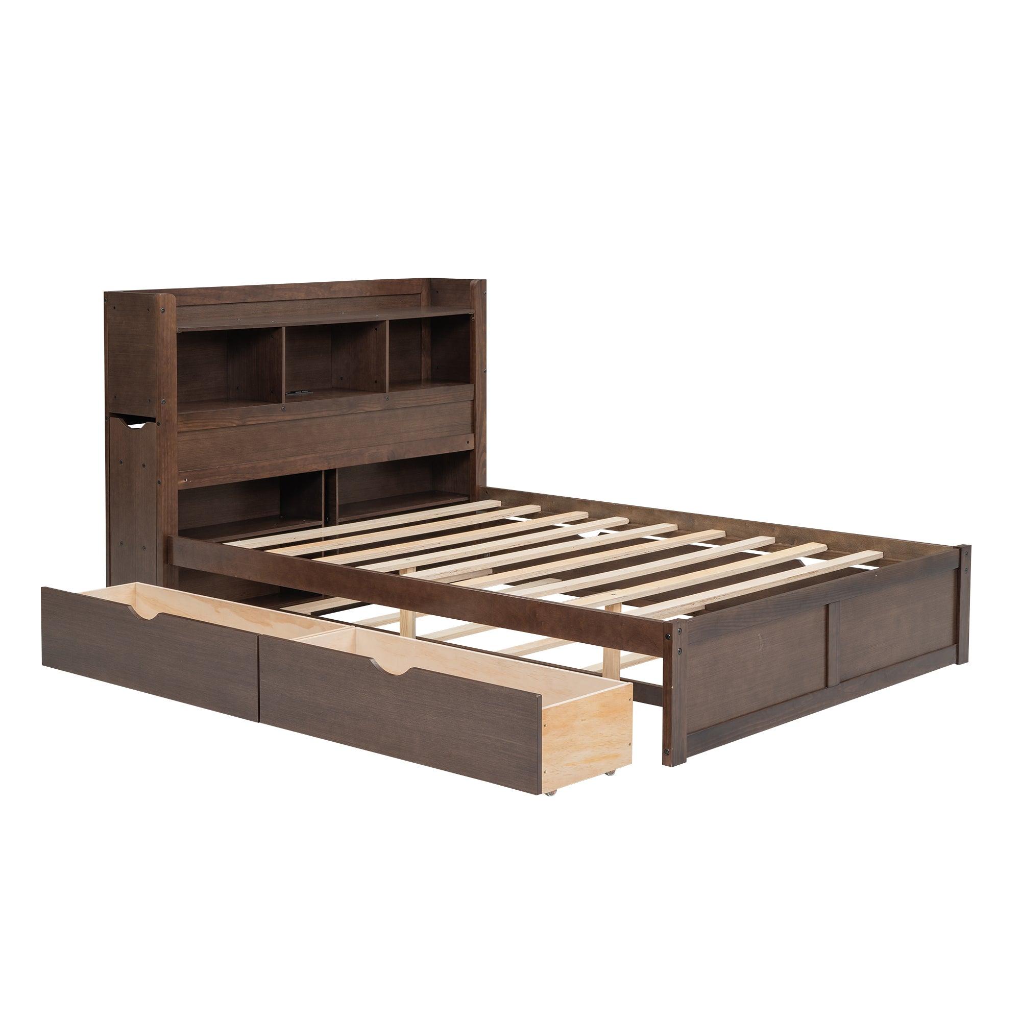 Full Size Storage Platform Bed with Pull Out Shelves, Twin Size Trundle and 2 Drawers, Espresso