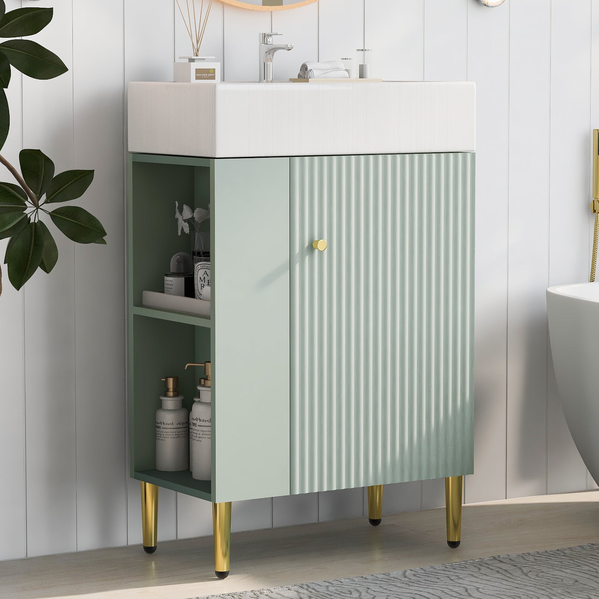 21.6" Green Bathroom Vanity, Combo Cabinet, Bathroom Storage Cabinet, Single Ceramic Sink, Left Side Storage