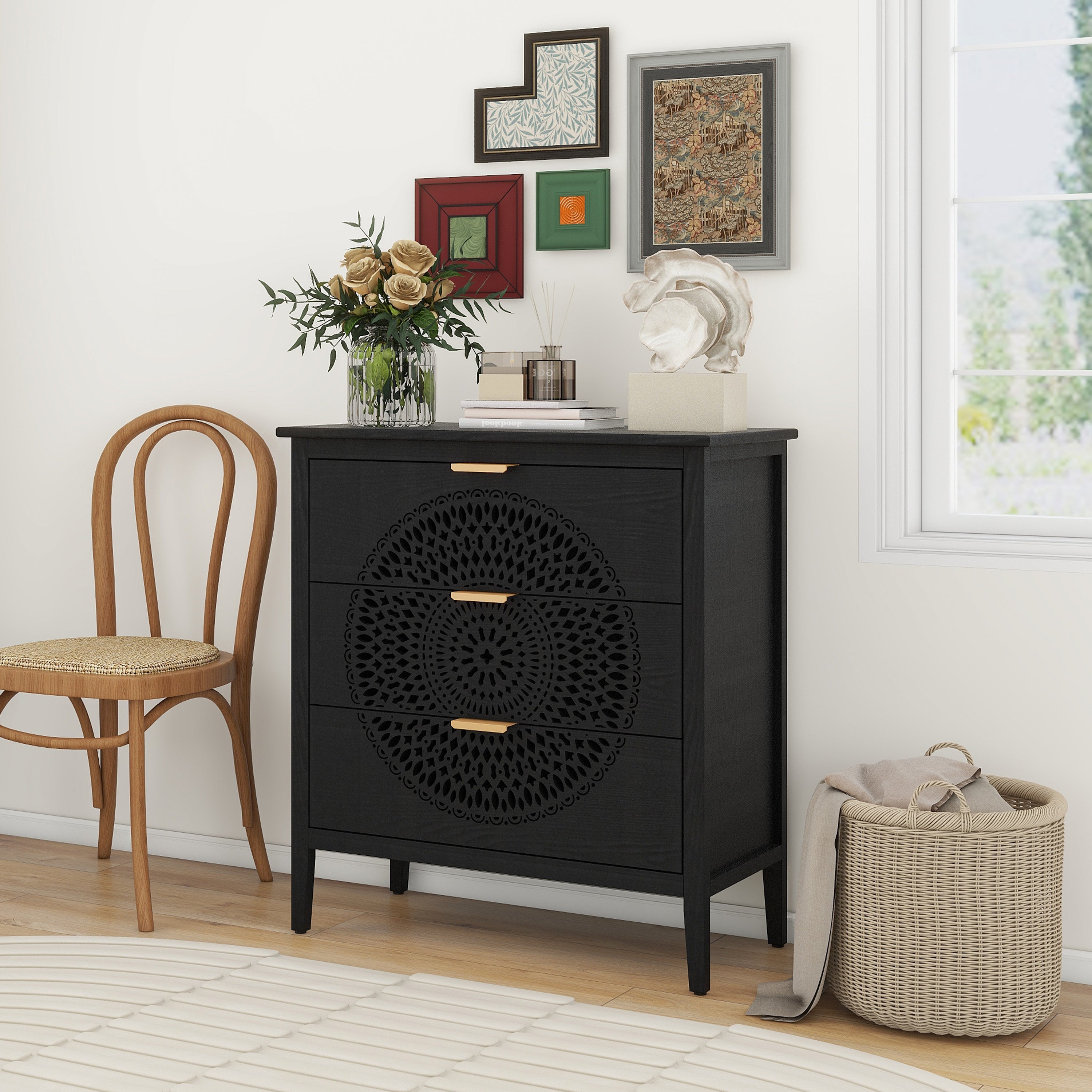 3 Drawer Cabinet With Hollow-Carved 3 Drawer Dresser Storage Chest With Metal Handles for Entryway Living Room Bedroom