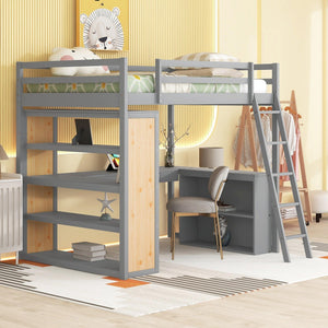 Full Size Loft Bed with Ladder, Shelves, and Desk, Gray