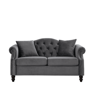 57" Chesterfield Sofa Grey Velvet for Living Room, 2 Seater Sofa Tufted Couch with Rolled Arms and Nailhead, with 2 Pillows