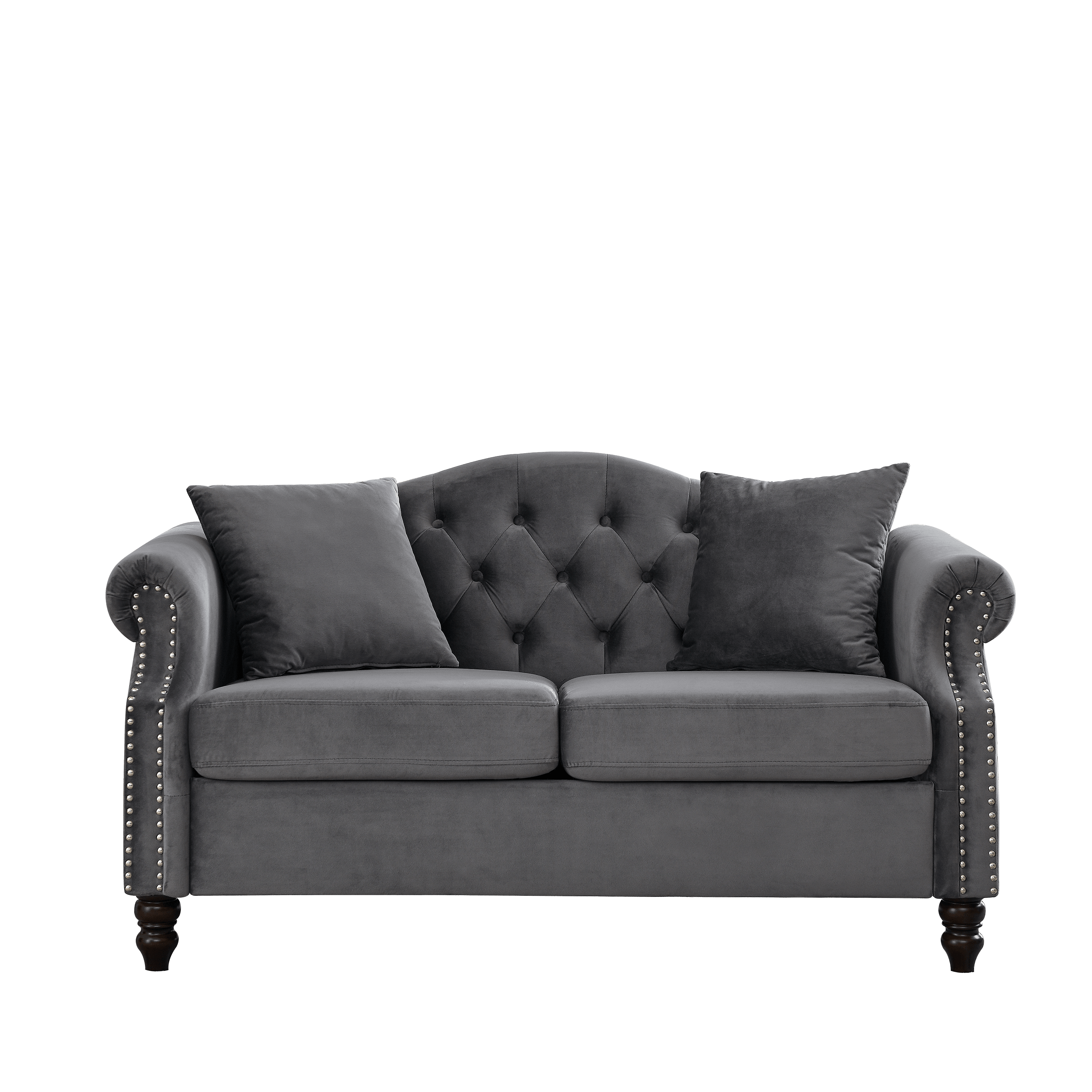 57" Chesterfield Sofa Grey Velvet for Living Room, 2 Seater Sofa Tufted Couch with Rolled Arms and Nailhead, with 2 Pillows