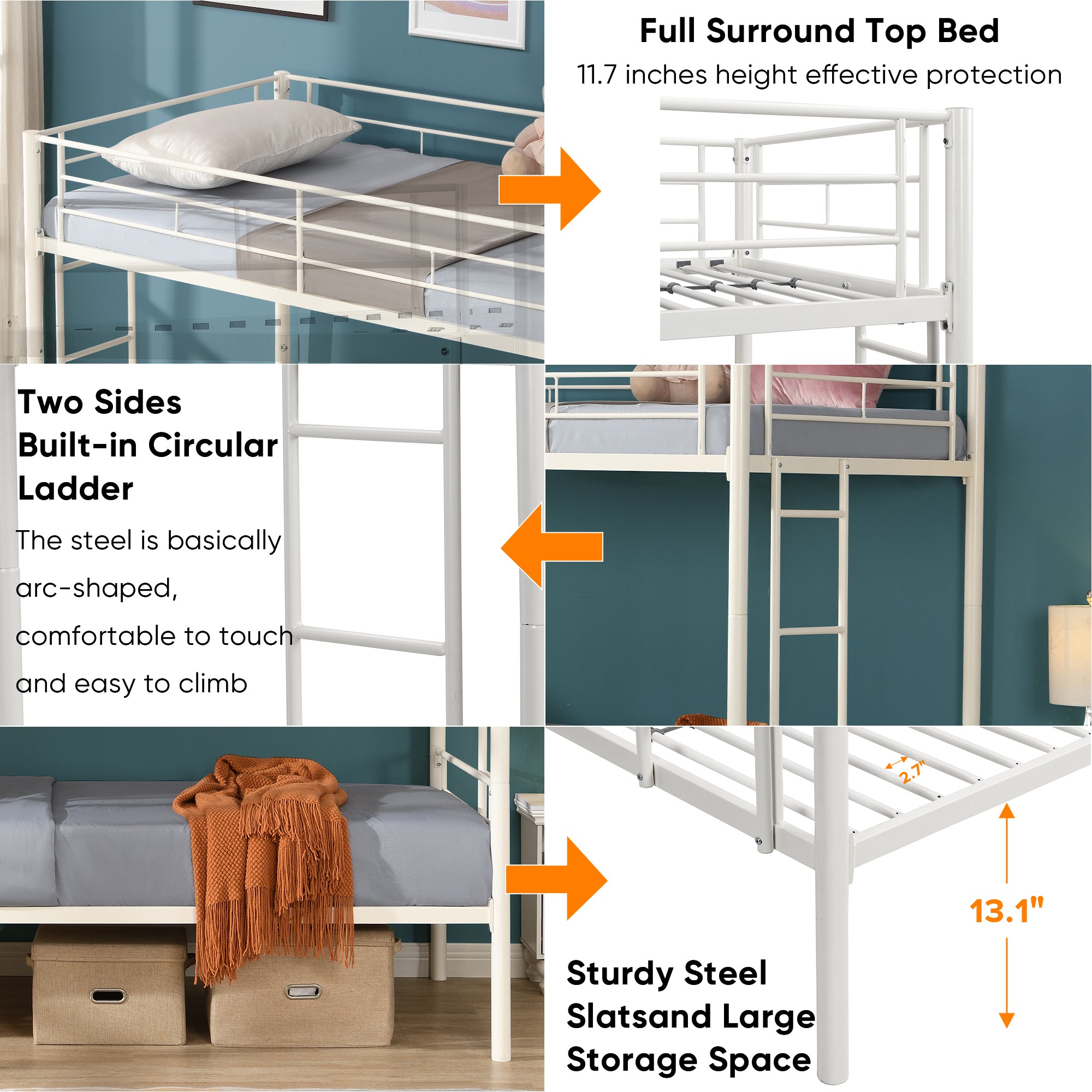 Twin Over Twin Metal Bunk Bed, Metal Structure Bedframe With Safety Guardrails and 2 Ladders, Convertible Bunkbeds, No Spring Box Required and Space Saving Design, White