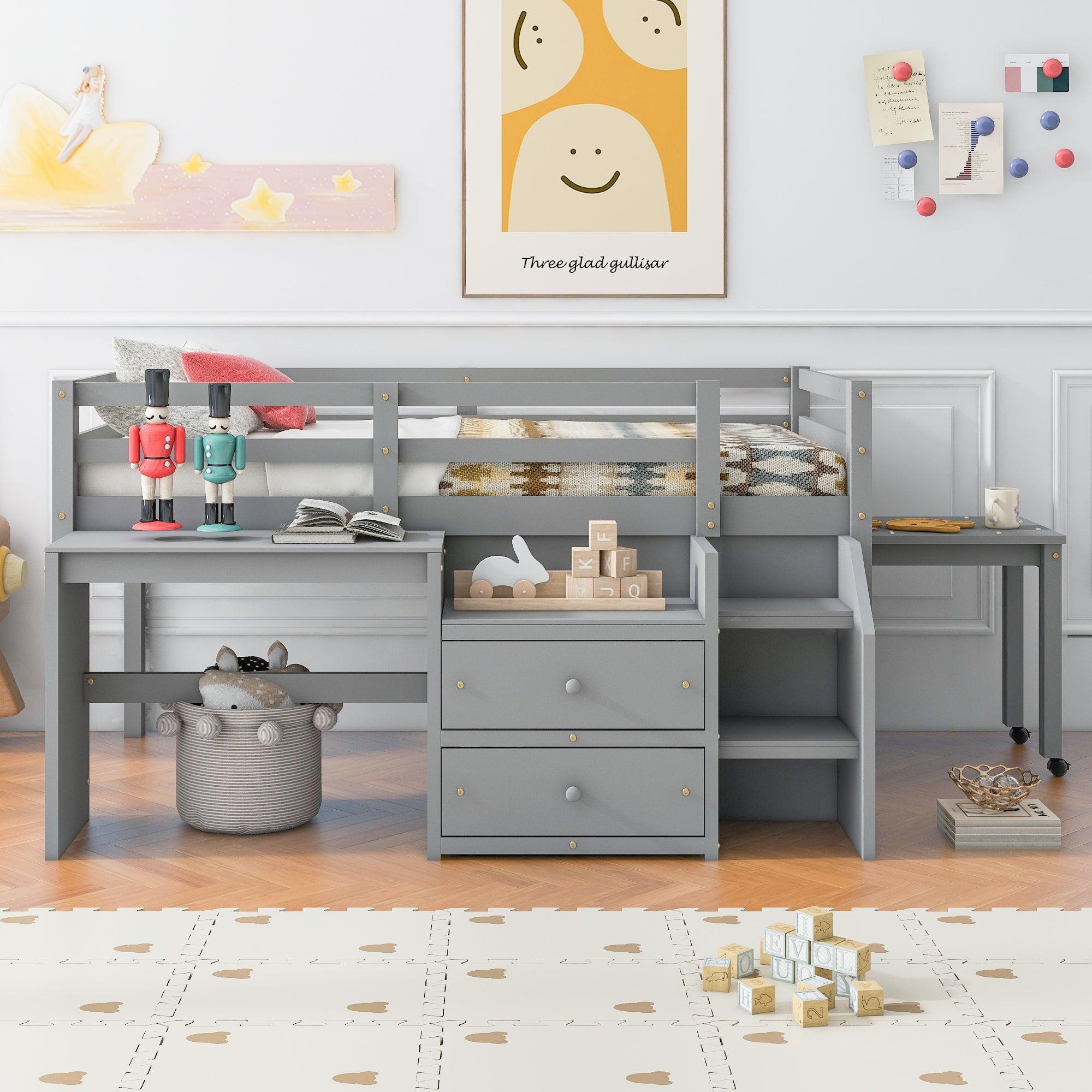 🆓🚛 Twin Size Loft Bed With Desk & Drawers, Wooden Loft Bed With Lateral Portable Desk, Gray