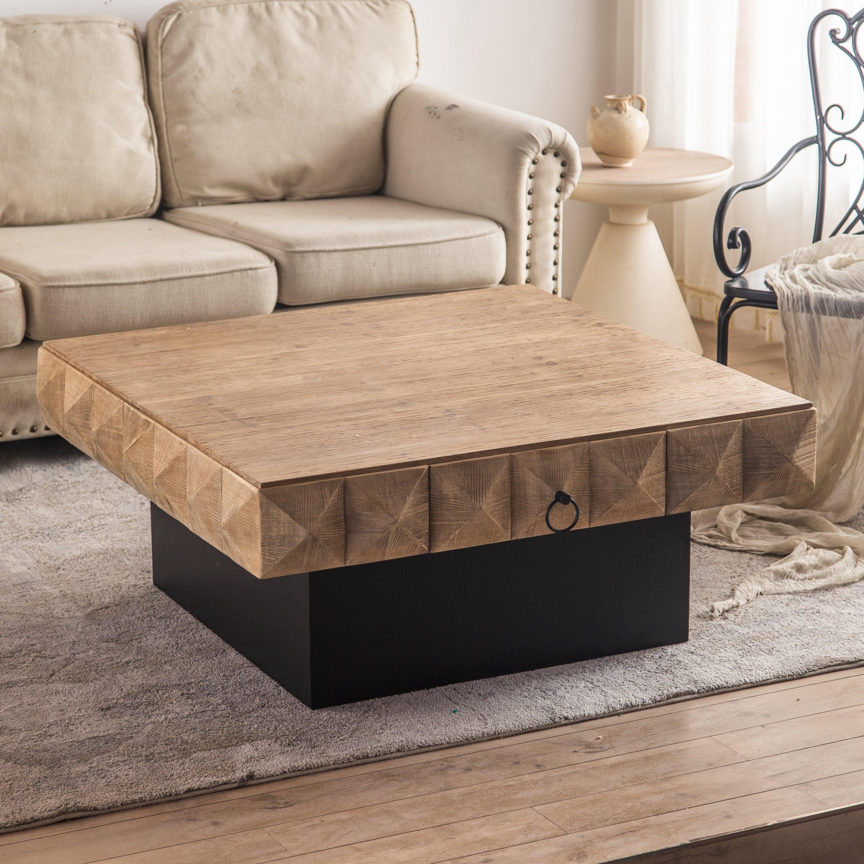 41.73" Three-dimensional Embossed  Pattern Square Retro Coffee Table with 2 Drawers and MDF Base