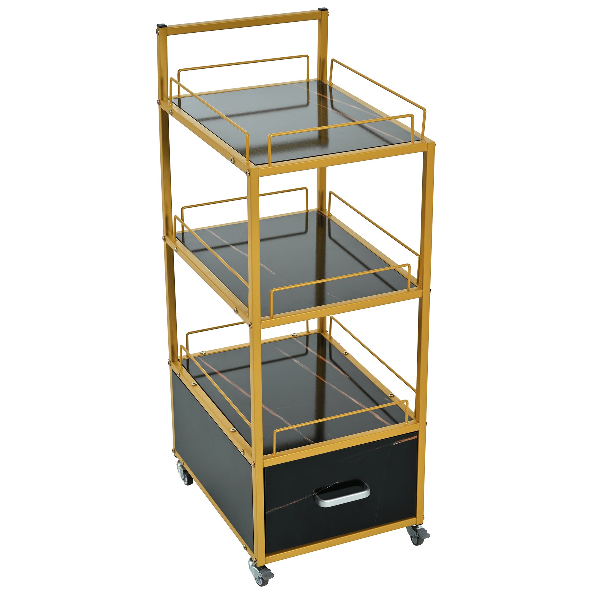 🆓🚛 Beauty Salon Storage Trolley Cart, With Lockable Rolling Wheels, Metal Frame Marbled Board, Drawer Barber Salon Furniture, Black