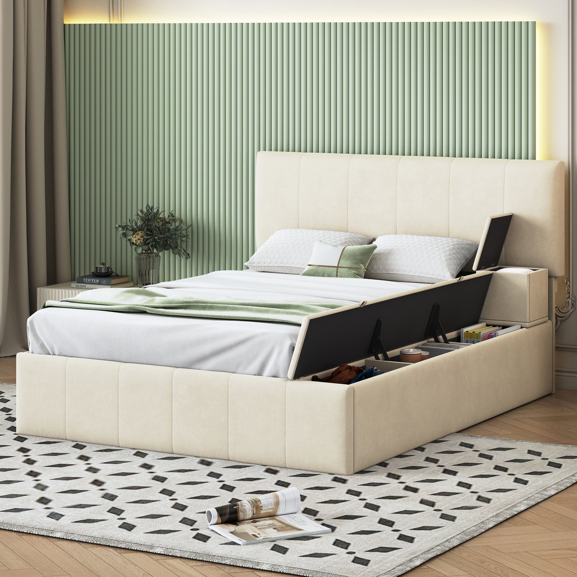 🆓🚛 Full Size Upholstered Platform Bed With Lateral Storage Compartments and Thick Fabric, Velvet, Beige
